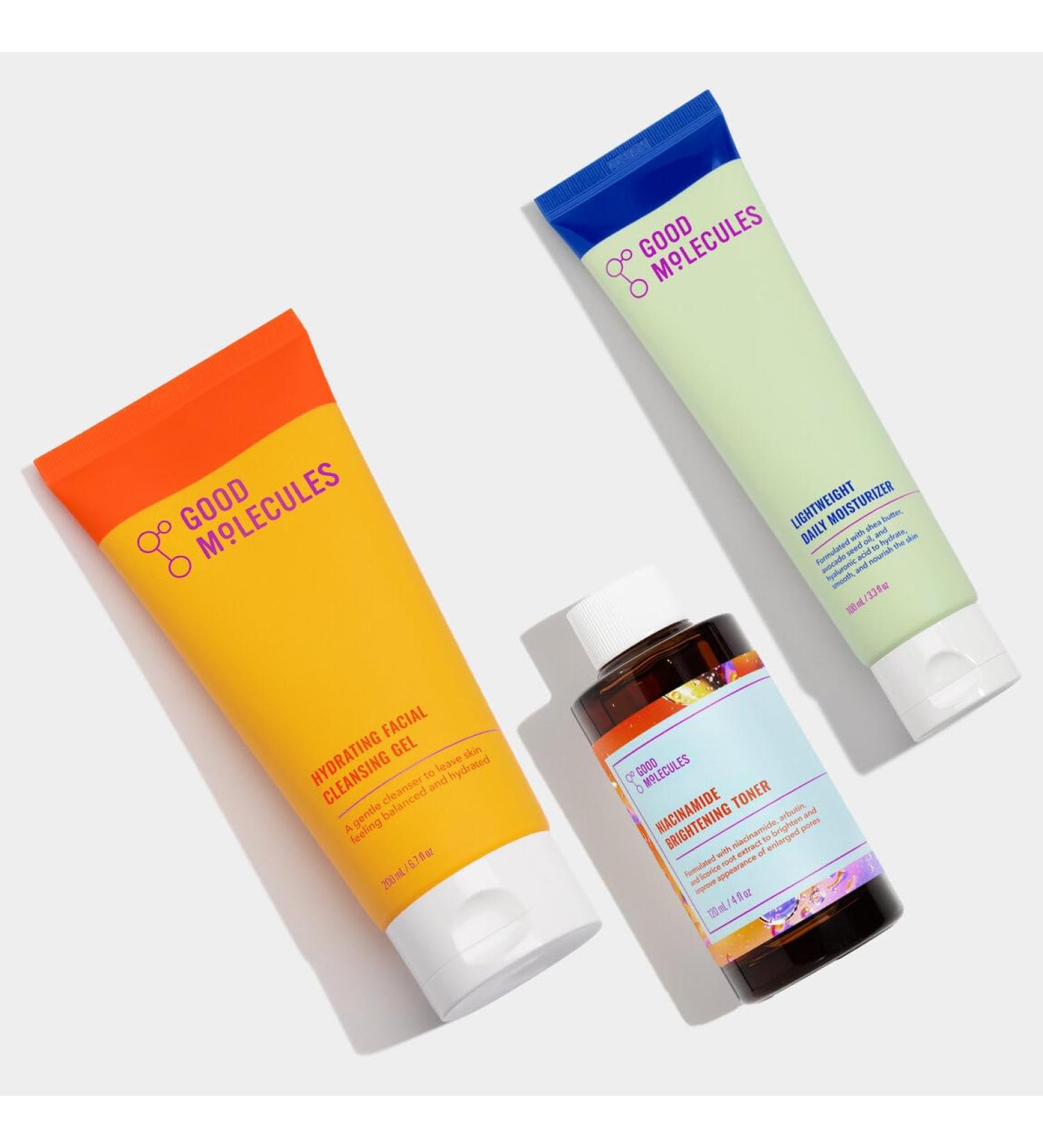 Good Molecules Cleanse Tone & Moisturize Skincare Set Hydrating Facial Cleansing Gel (200ml) Niacinamide Brightening Toner (120ml) & Lightweight Daily Moisturizer (100ml)
