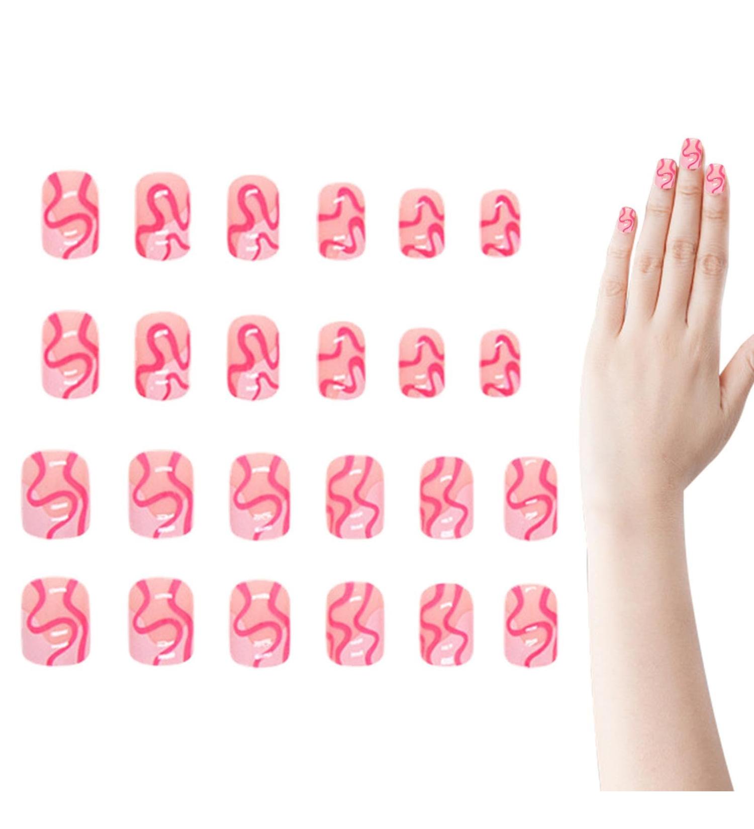 Cute False Nails - Pink White Short Fake Nails | Cute Curve Design Stick On Nails Glue On Colorful Square Short Artificial Full Stick On Nails Fulenyi - Buy Online on GoSupps.com