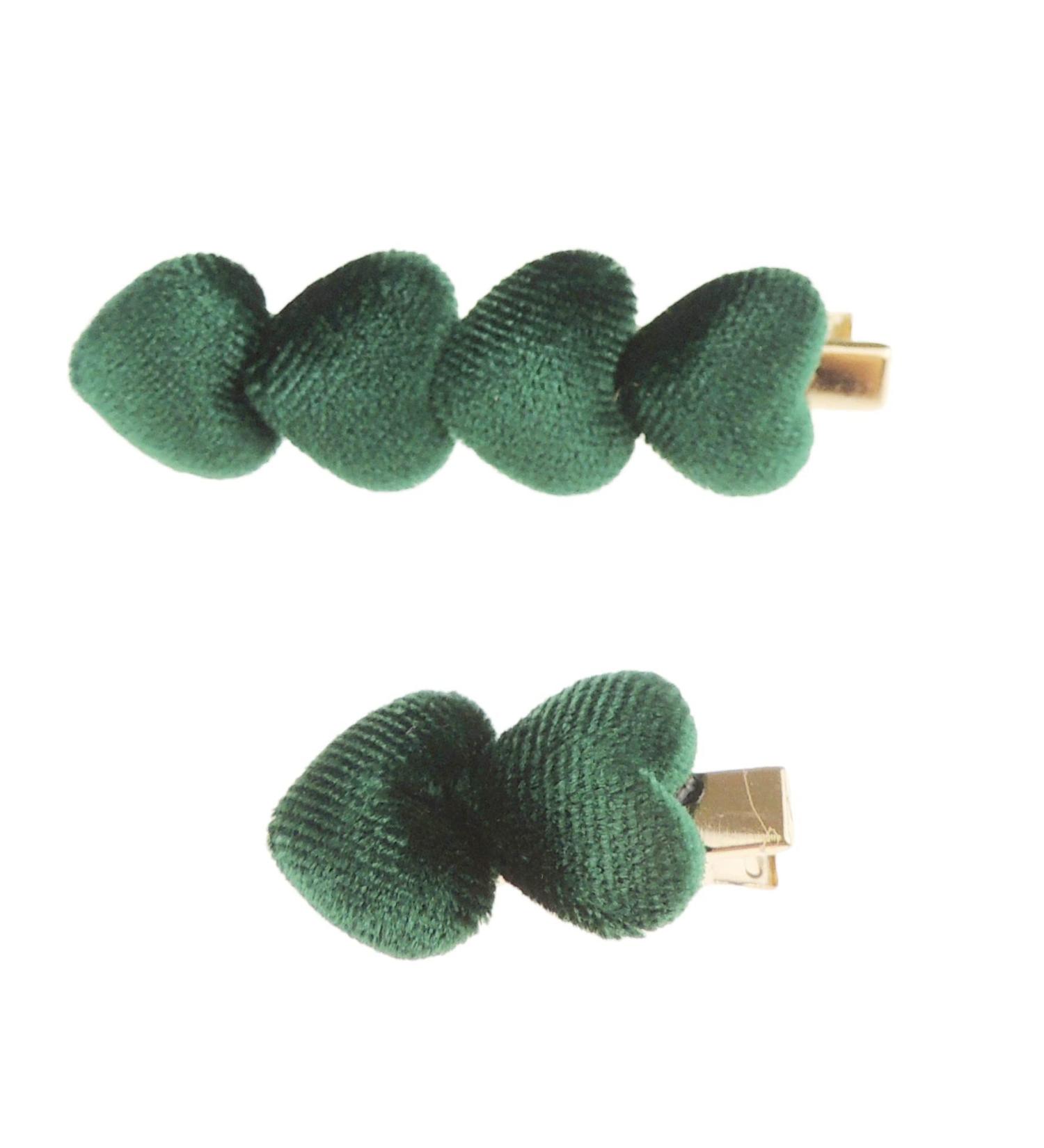 Womens Girls Set of 2 Velvet Puffy Hearts School Birthday Party Hair Accessories Styling Clip Barrette Slide Hairpin Sectioning Grips Concorde Beak Duckbill Clamp Alligator Crocodile (Emerald Green)