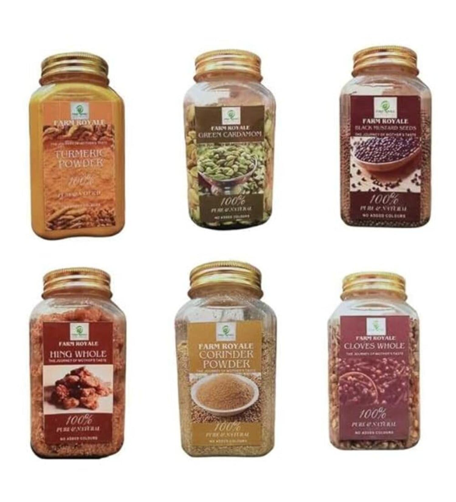 Farm Royale Spice Combo(Turmeric Powder Green Cardamom Black Mustared Beej Hing Whole Corinder Powder Cloves Whole) - Buy Online on GoSupps.com