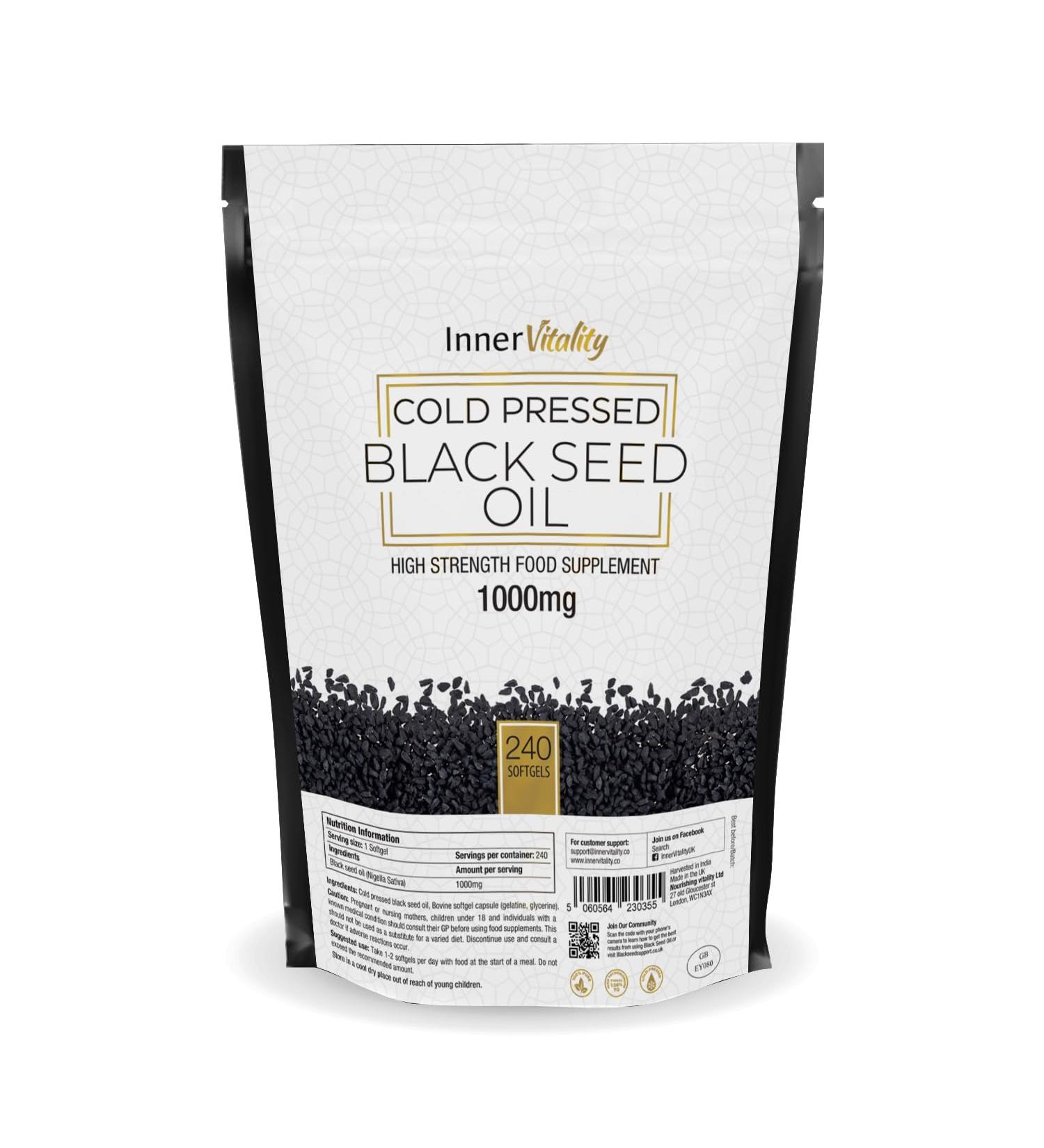 Premium Black Seed Oil Capsules 1000mg - Double Strength Virgin Oil with Thymoquinine - Non-GMO, Made in UK by Inner Vitality (240 Capsules) - Buy Online on GoSupps.com