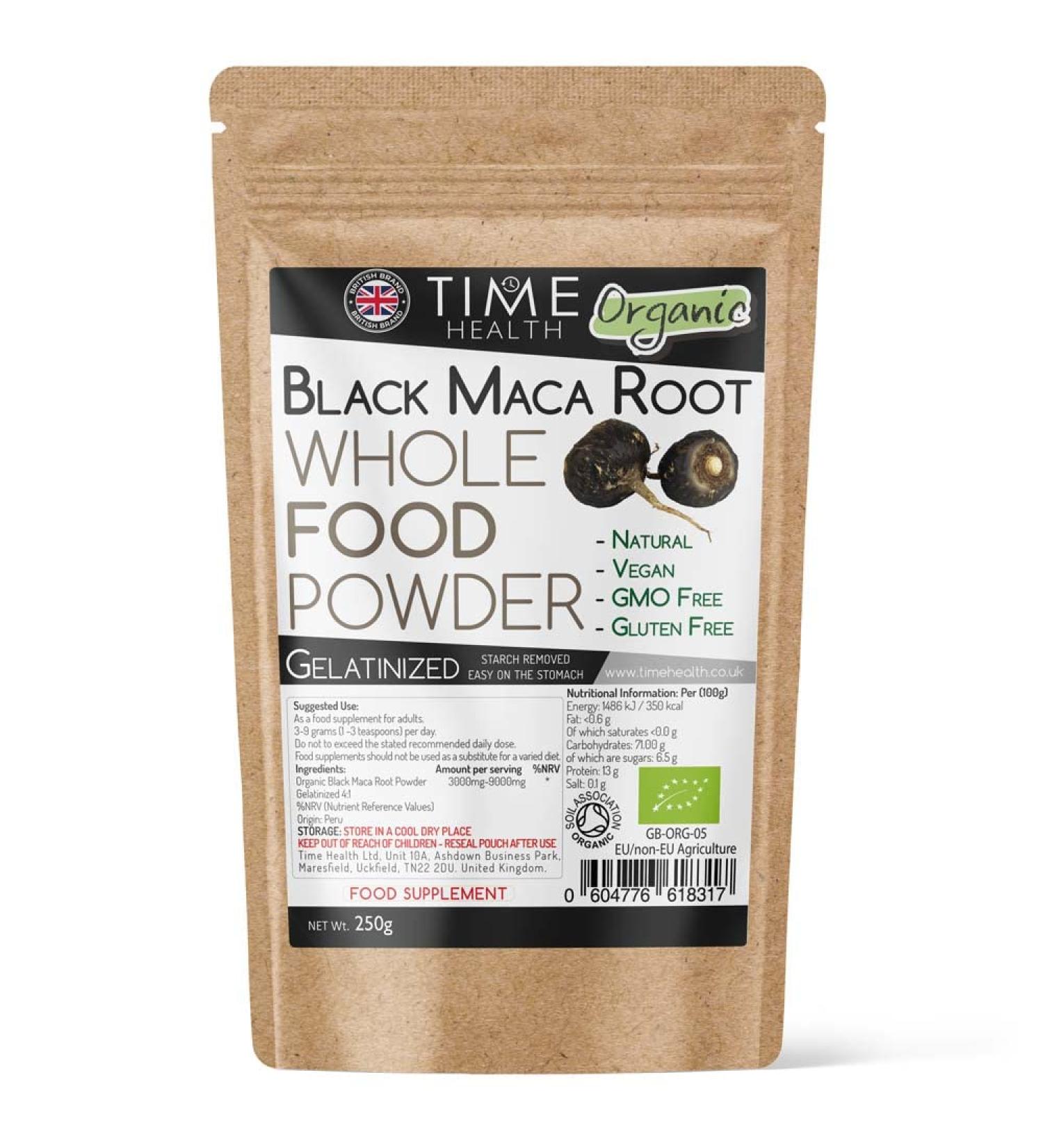 Gelatinized Black Maca Root Powder - Peruvian - Soil Association Certified Organic - Vegan - No Additives (250g Powder) 250 g (Pack of 1)
