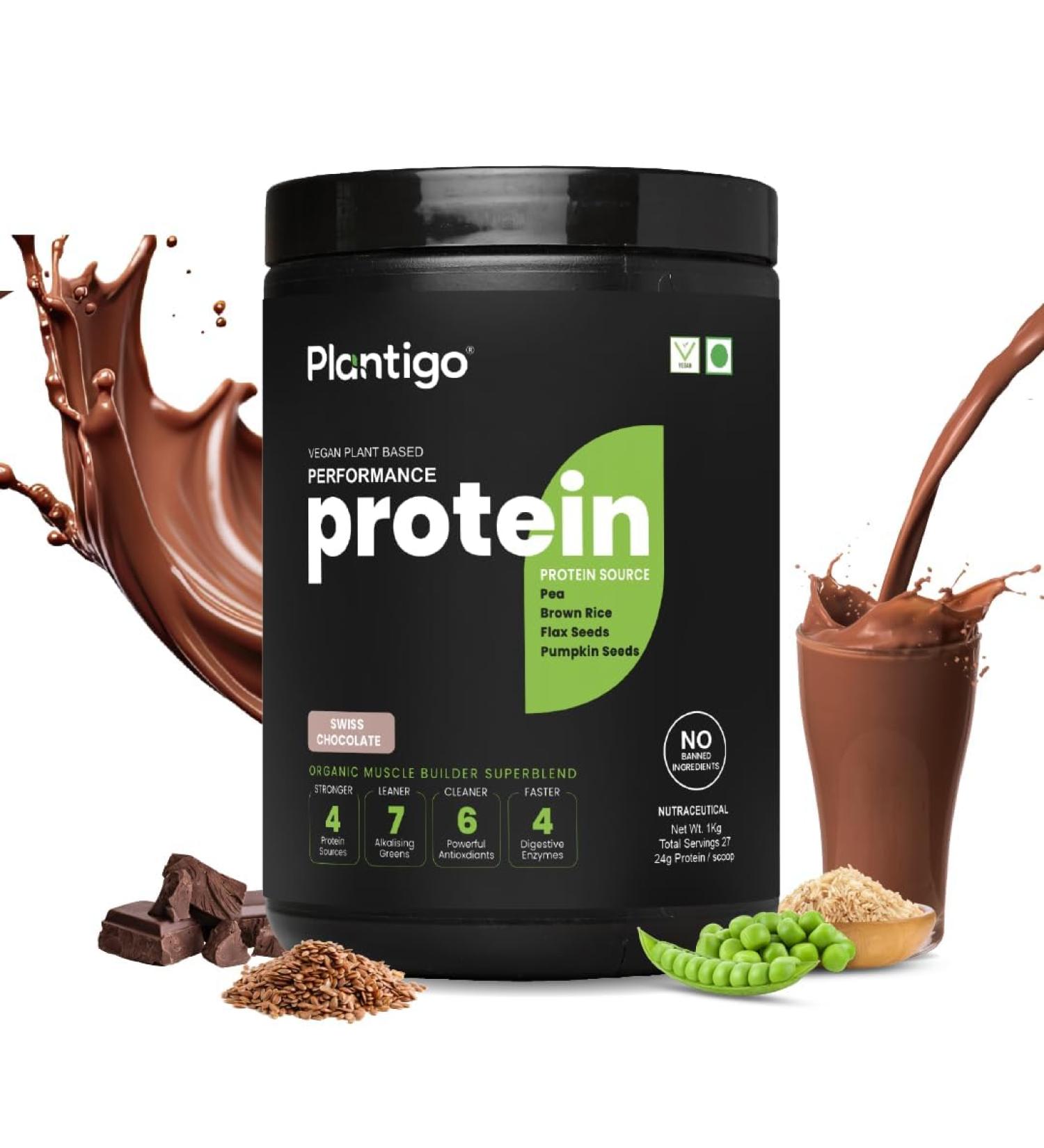Planti go Clean Plant Protein Powder | No Preservatives No Banned Substances |Super Protein Blend- Pea Brown Rice Flax & Pumpkin | 21 SuperFoods Vegan Protein For Men Women (Swiss Chocolate - 1 Kg) - Buy Online on GoSupps.com