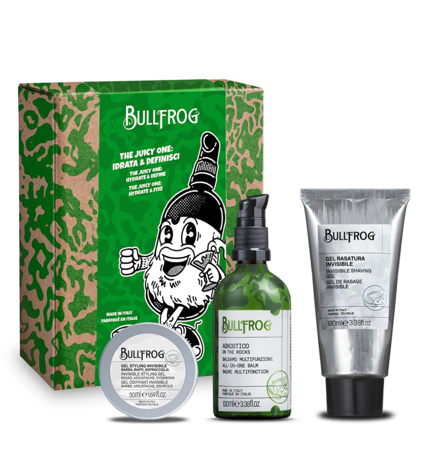  Bullfrog Bullfrog - Kit The Juicy One Hydrate and Define 3 in 1 Limited Edition Agnostic On The Rocks Multifunction Balm 100ml Invisible Shaving Gel 100ml and Invisible Styling Gel 50ml - Buy Online on GoSupps.com