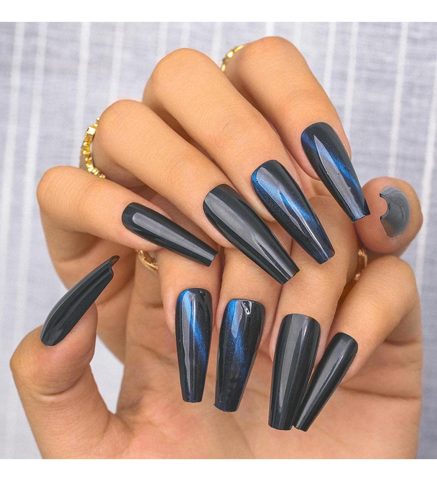 Sethexy Long Coffin False Nails - Sparkle Cat Eye Ballerina Acrylic Nail Tips (24pcs) for Women & Girls - Blue - Buy Online on GoSupps.com