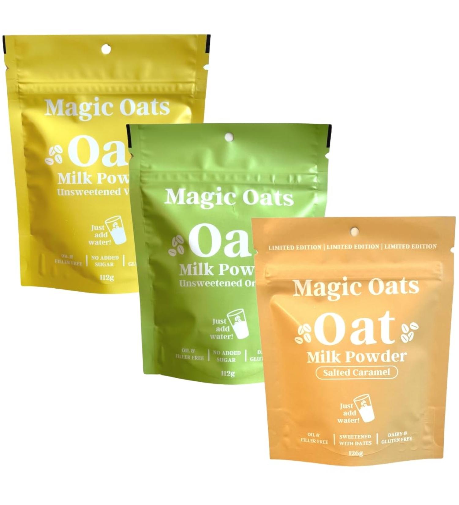 Magic Oats Oat Milk Powder. Non Dairy Creamer. Vegan Coffee Creamer. Gluten Free. Dairy Free. No Added Sugar. Lactose Free & Nut Free Almond & Soy Milk Alternative. 112g (3 Pack Variety) Vanilla Original & Salted Caramel Variety 166.67 ml (Pack of 3) - Buy Online on GoSupps.com