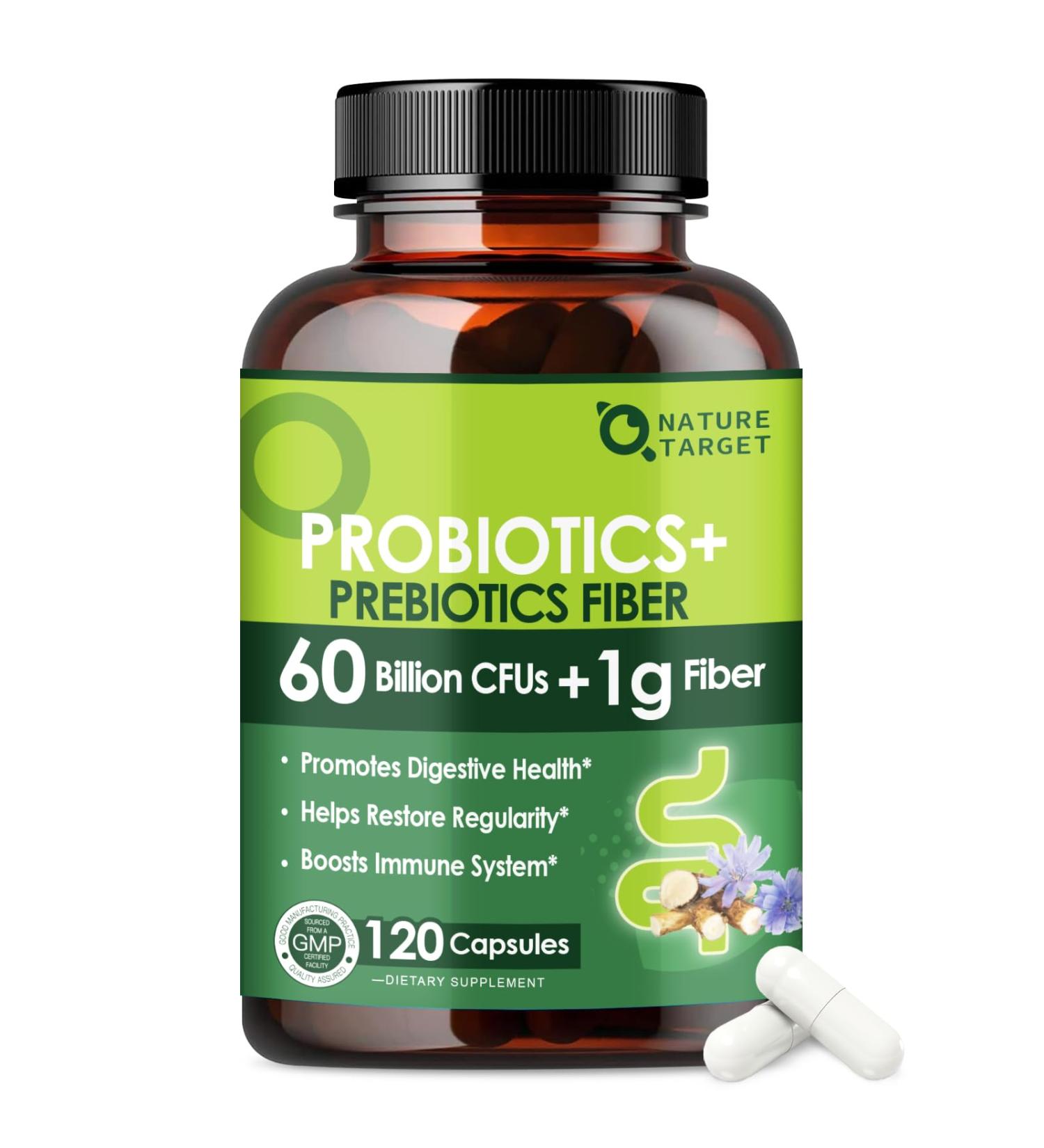 NATURE TARGET Prebiotic Fiber Supplement with 60 Billion Probiotics for Digestive Health - Prebiotics and Probiotics for Women & Men Regularity Supports Occasional Constipation - 120 Veggie Capsules 120 Count (Pack of 1) - Buy Online on GoSupps.com