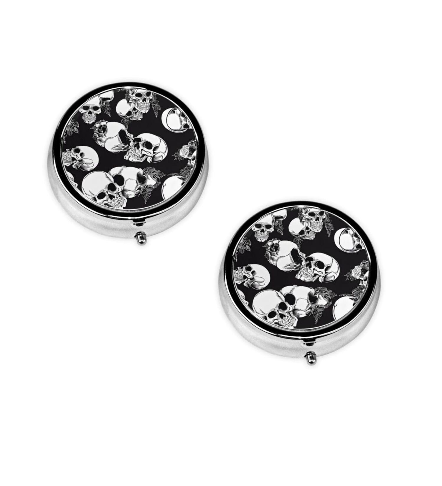 Black Skull Round Pill Box - 3 Compartment Mini Pocket Organizer for Travel & Vitamins - Buy Online on GoSupps.com