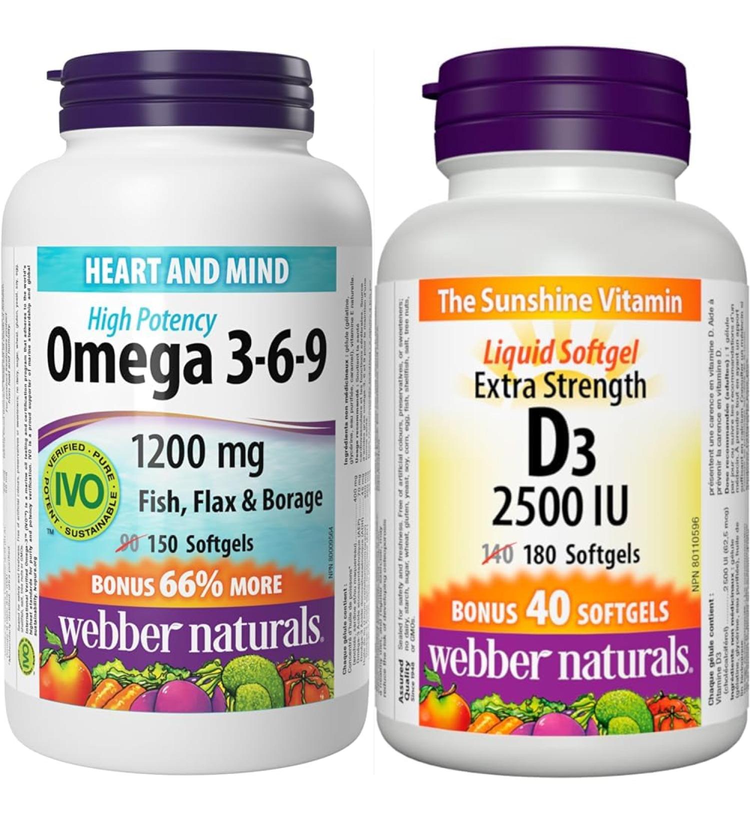 Webber Naturals Omega 3-6-9 1 200 mg Fish Oil & Vitamin D3 2500 IU Extra Strength 180 Softgels For Healthy Bones Teeth and Helps Prevent Vitamin D Deficiency Omega 3-6-9 + Vitamin D3 2500 IU - Buy Online on GoSupps.com