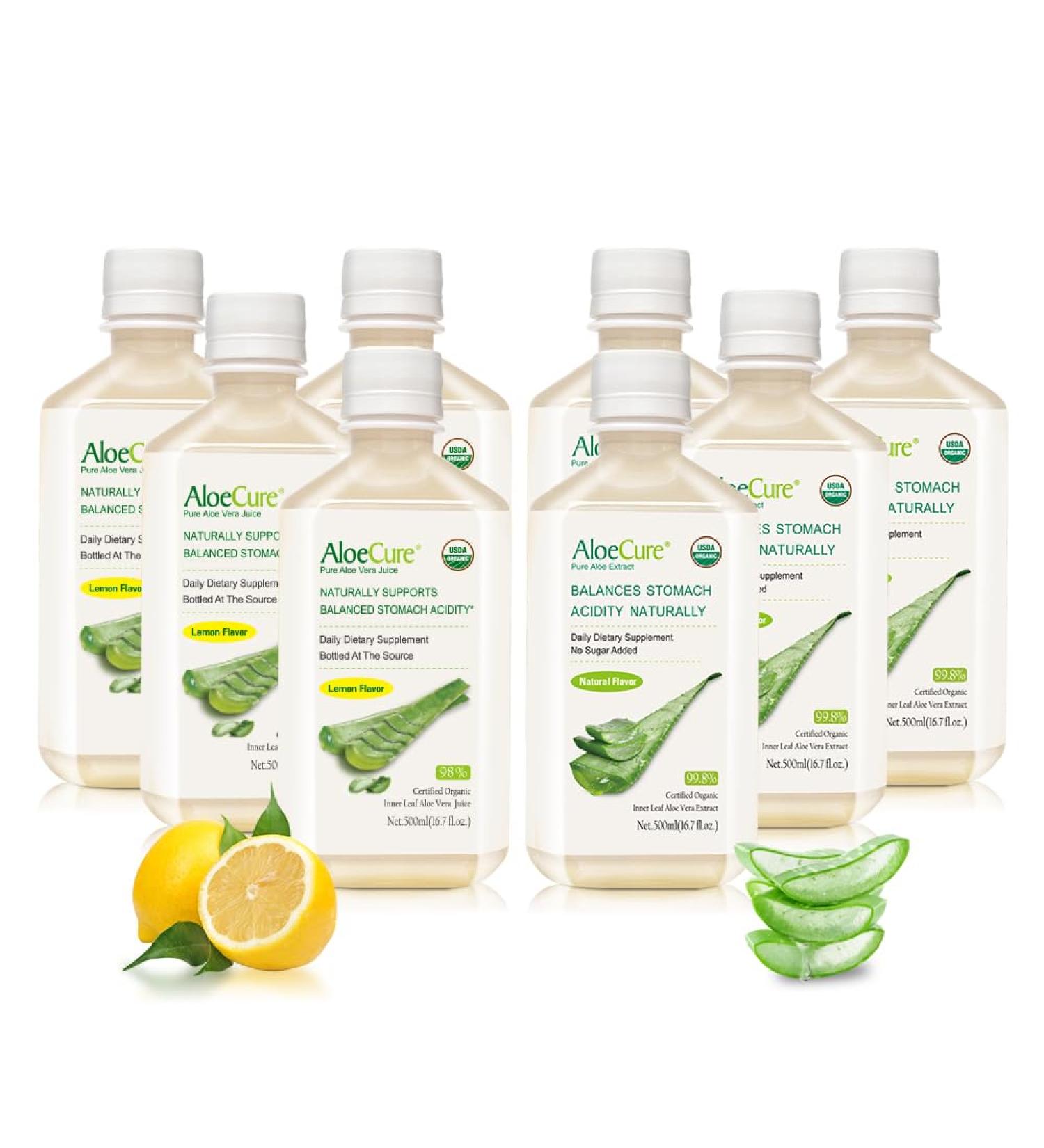 AloeCure Organic Aloe Vera Juice - 8 Bottle Sample Pack - Lemon Natural Flavor 8x500ml - Buy Online on GoSupps.com