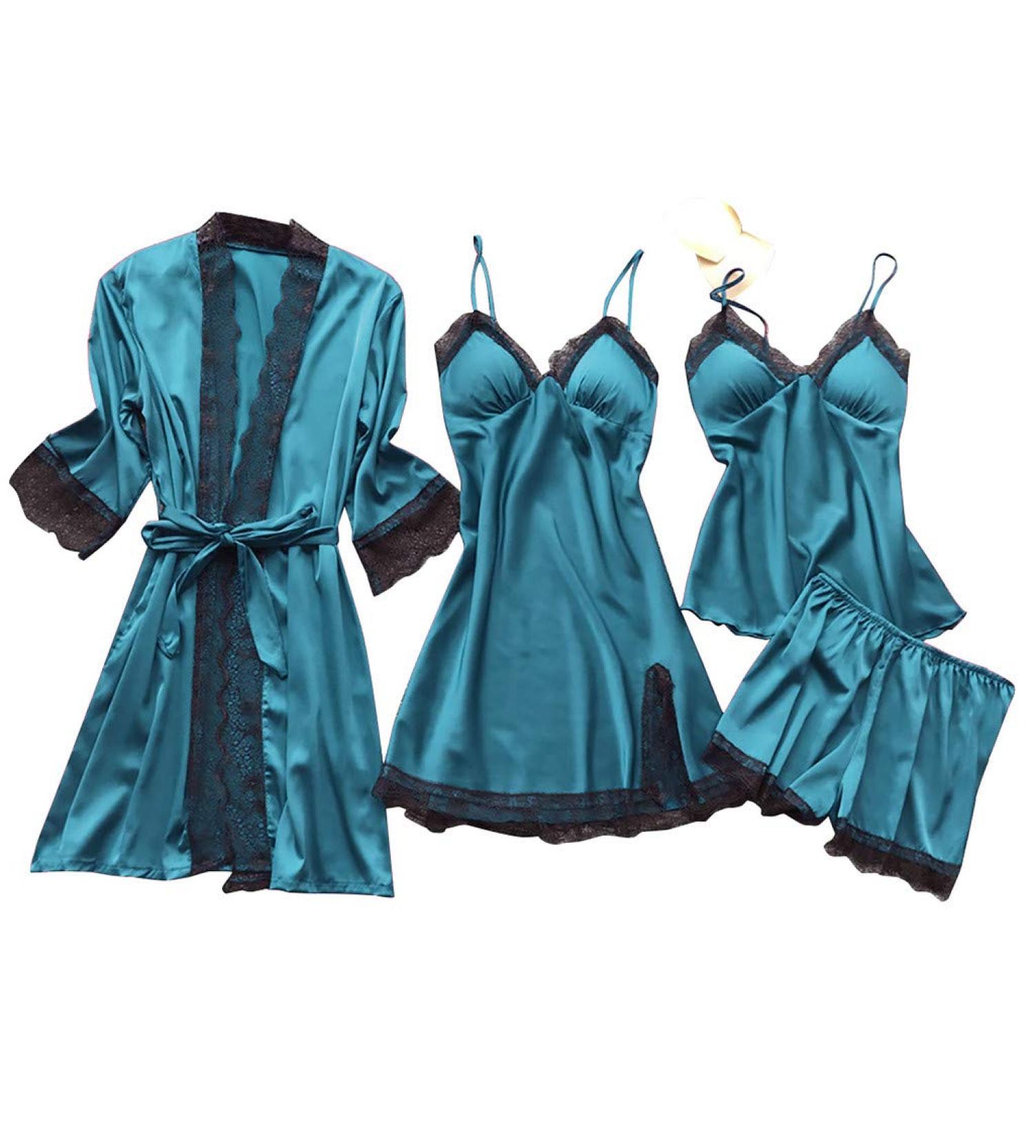 Silk 4pcs Pajama Set for Women | Cami Top, Shorts, Nightgown, Robe | Sexy & Cute Lounge Sleepwear | 3X-Large (B1_blue) - Buy Online on GoSupps.com