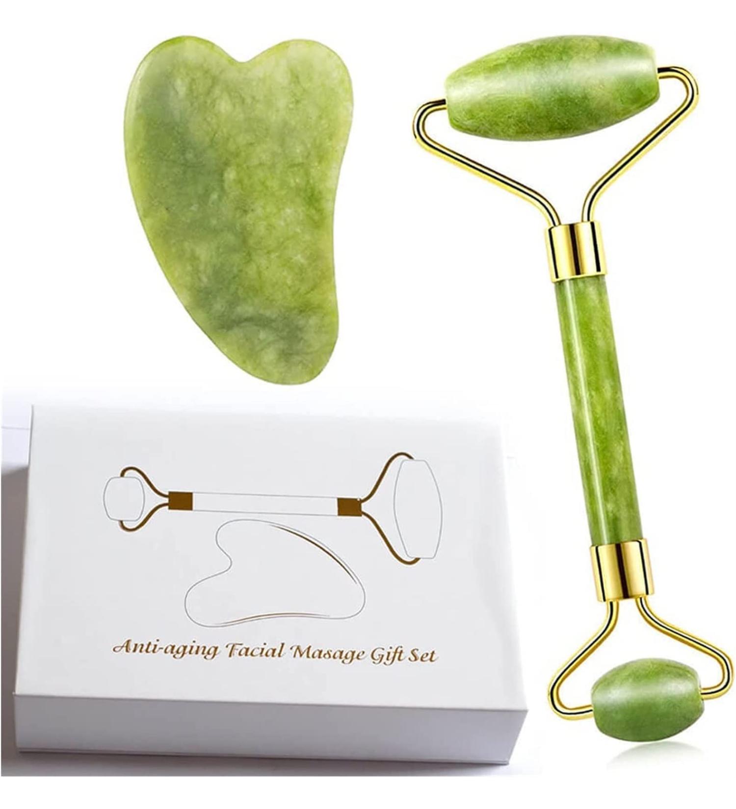 Natural Crystal Jade Gua Sha Scraper Board & Roller - Anti-Wrinkle Facial Massage Tool Set - Pink Stone Home Decoration Gift - Buy Online on GoSupps.com