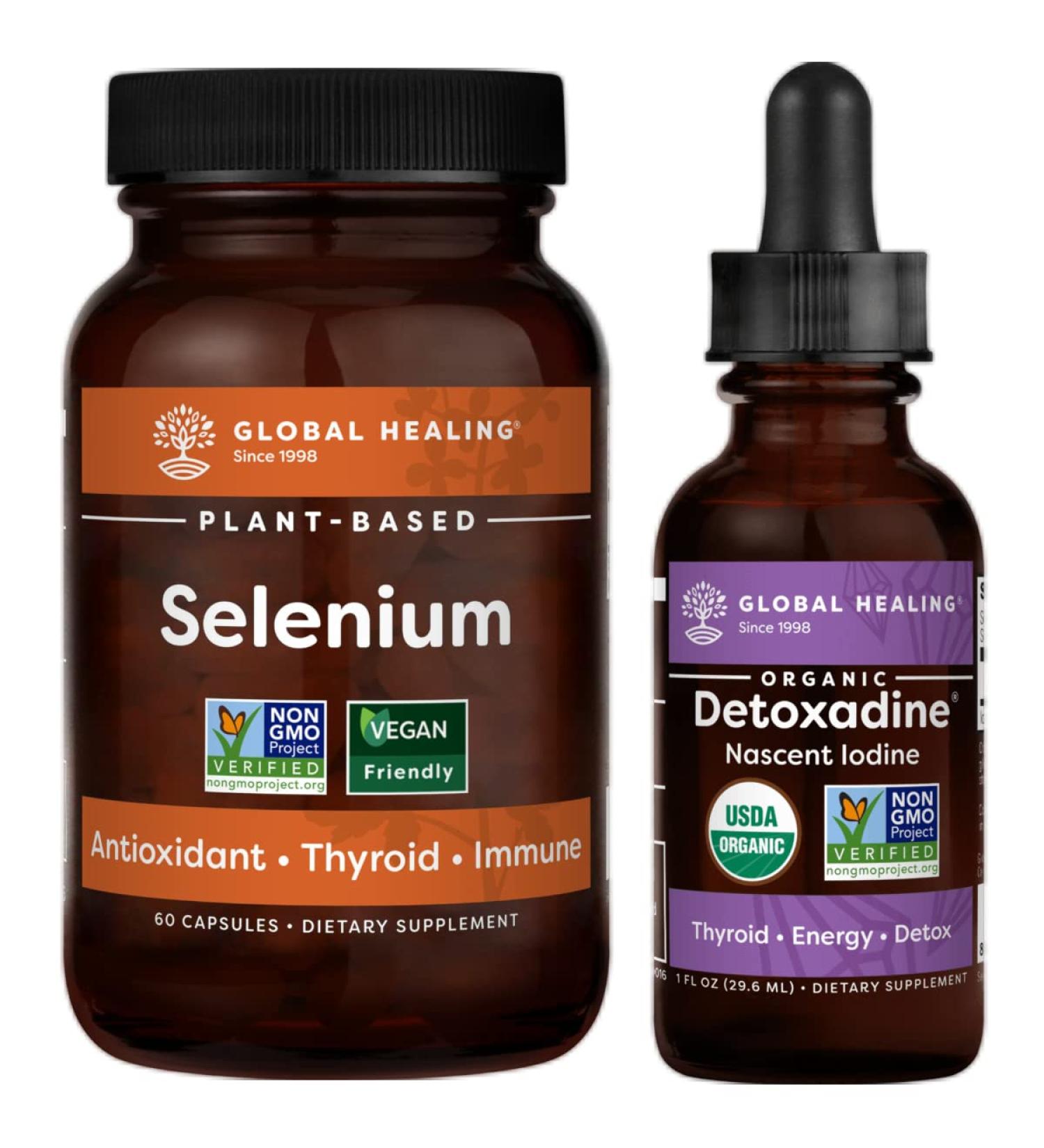 Detoxadine and Selenium Kit - Organic Liquid Iodine & Antioxidant Supplement for Thyroid Support - 1 Fl Oz & 60 Capsules - Buy Online on GoSupps.com