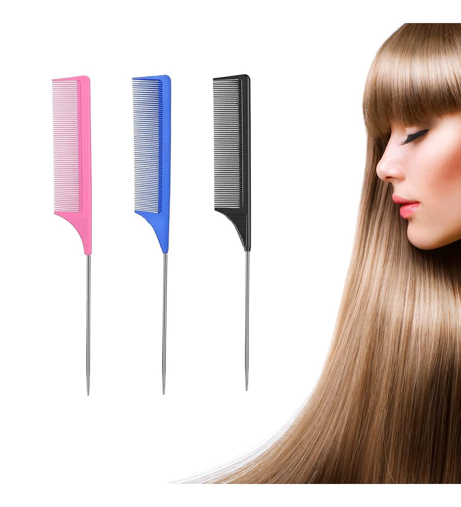 3 Pack Rat Tail Combs - Heat Resistant Carbon Fiber Fine Tooth - Stainless Steel Handle Pin - Black Blue Pink - Buy Online on GoSupps.com