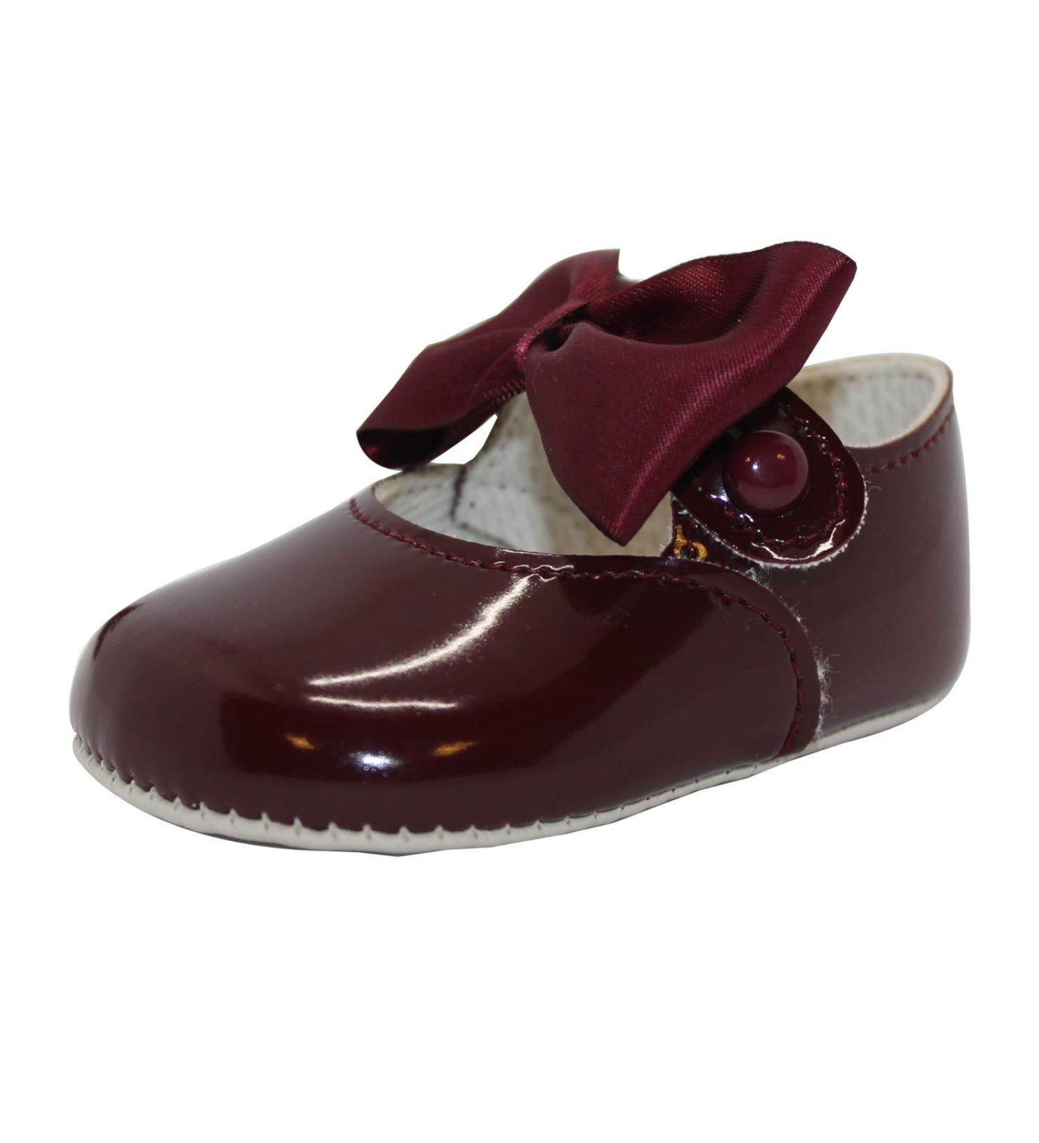Burgundy Baby Girls Pram Shoes | Soft Sole, Bow Button Up | Handcrafted in Britain - Buy Online on GoSupps.com