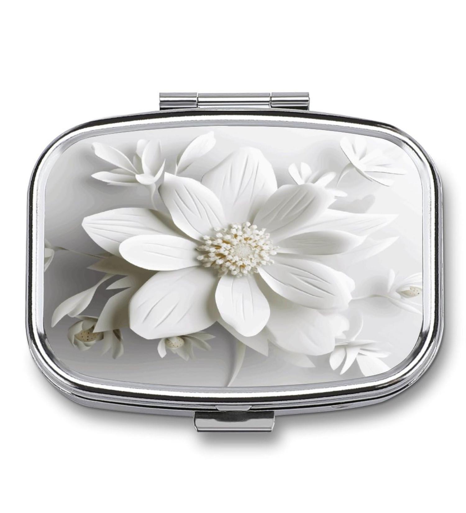Stylish White Flower Print 2 Compartment Pill Box | Portable Metal Pill Organizer for Pocket & Purse - Ideal for Travel - Buy Online on GoSupps.com