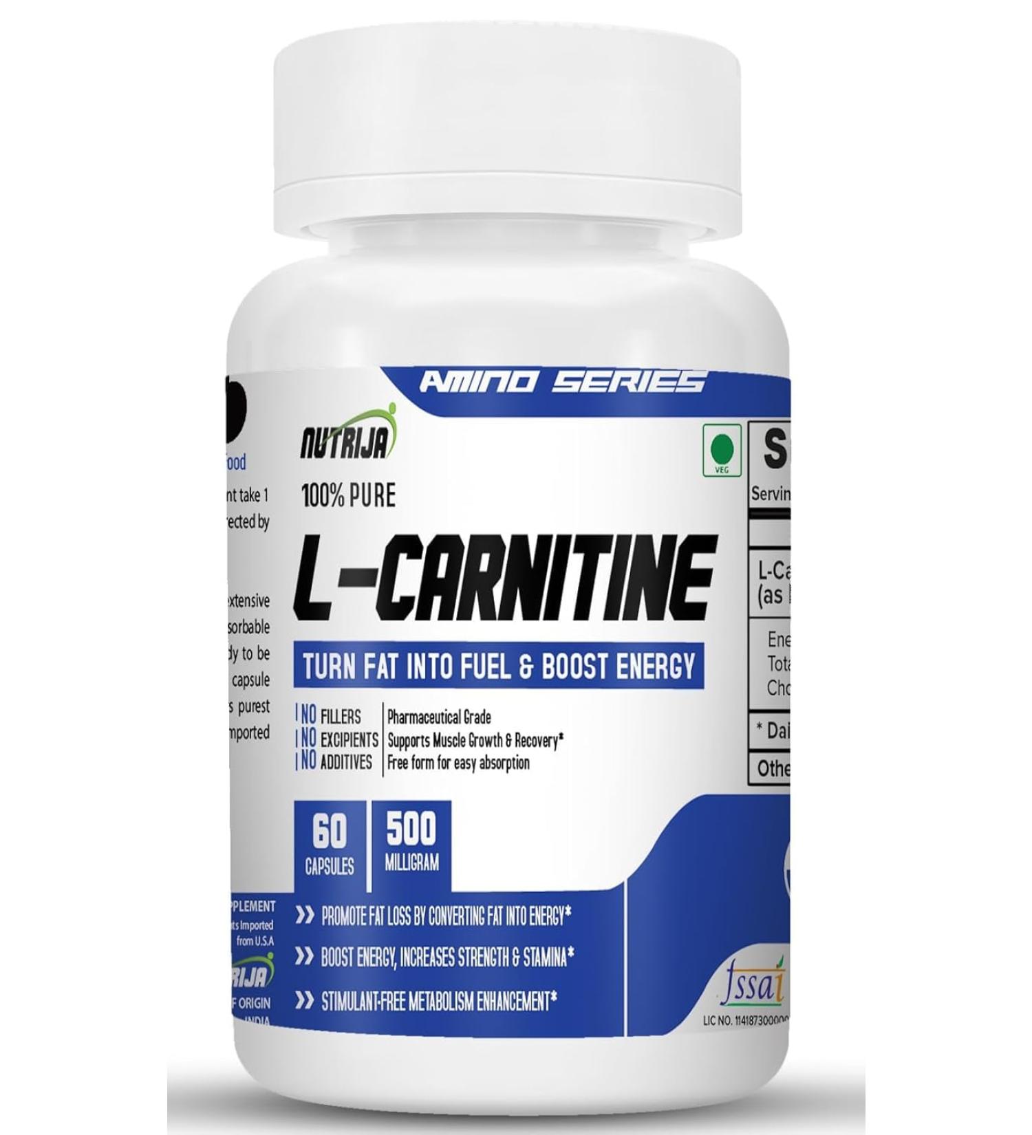 NutriJa L-Carnitine L-Tartrate 1000mg Supplement | Converts Fat into Energy Boosts Energy & Performance | Supports weight Loss | Fastest Muscle Recovery & Reduces Soreness (120 Capsules) 120 count (Pack of 1)