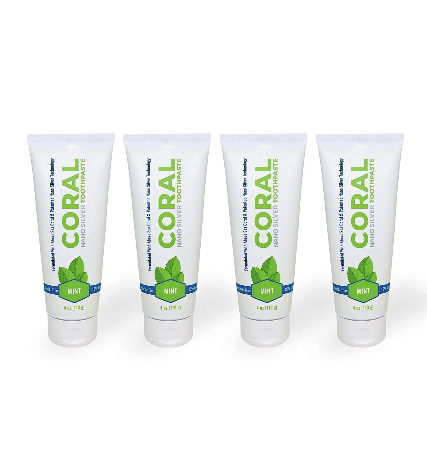 Coral White Nano Silver Mint Toothpaste - Natural Fluoride Free Teeth Whitening - SLS Free - Coral Calcium & Nano Silver Infused - 4 Ounce (Pack of 4) - Buy Online on GoSupps.com