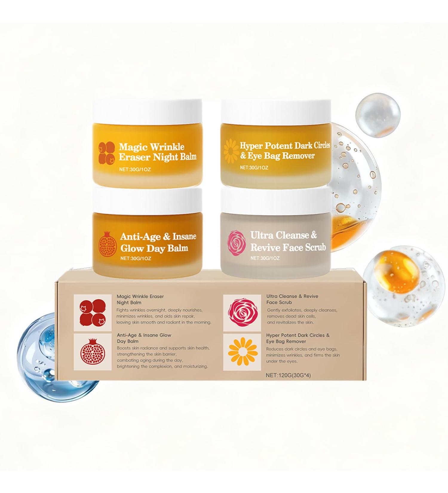 Anti Aging Skincare Set for Mature Skin 4 in 1 Face Balm Kit with Pomegranate Seed Oil Sweet Almond Oil & Seabuckthorn Extract Moisturize Nourish Firming Day & Night Cream Eye Cream & Face Scrub - Buy Online on GoSupps.com