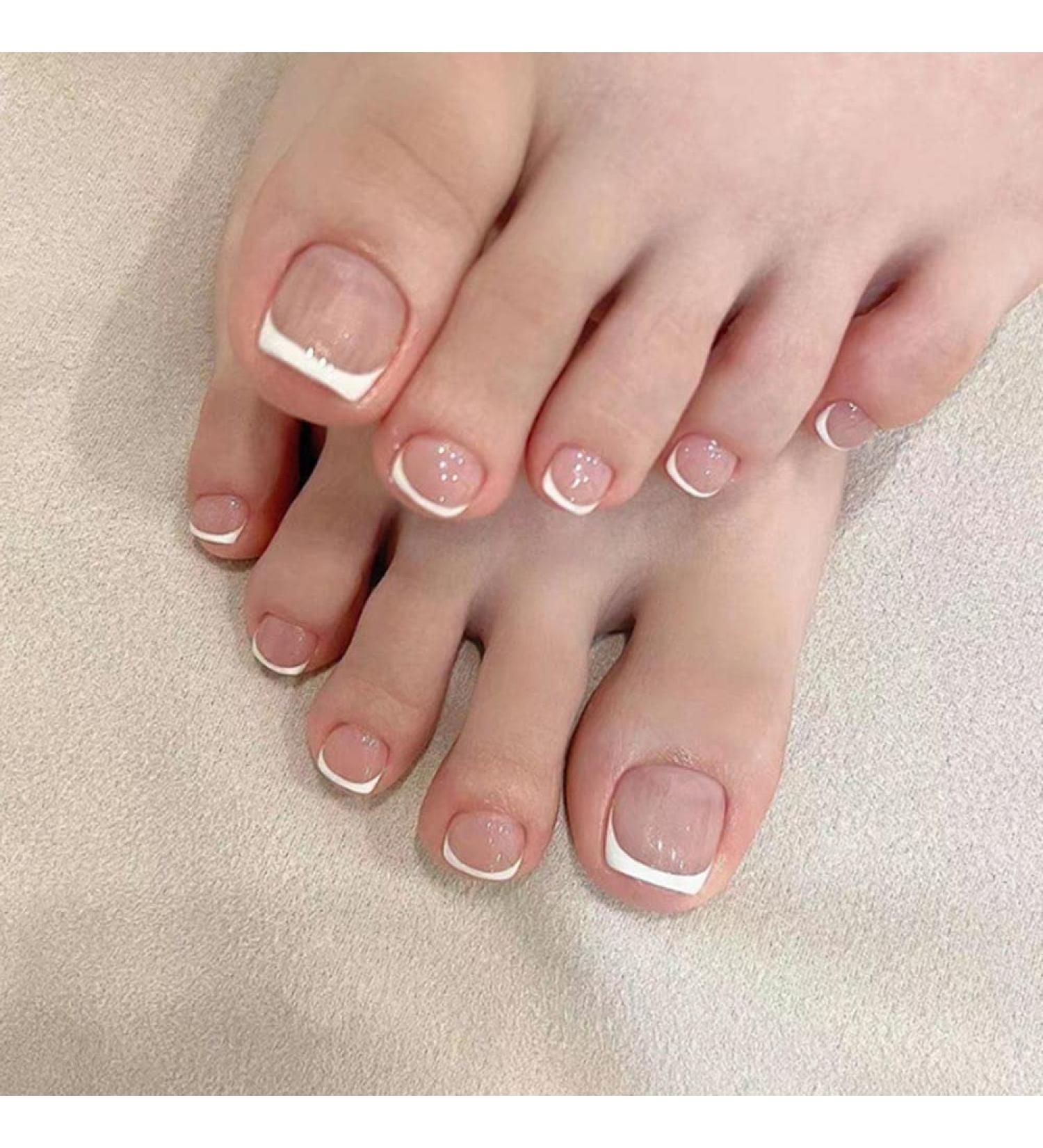 SINLOV Square Fake Toenails Nude Pink Glossy Print on False Toe Nails French Short Full Cover False Artificial Toenails Nails for Women and Girls  - Buy Online on GoSupps.com