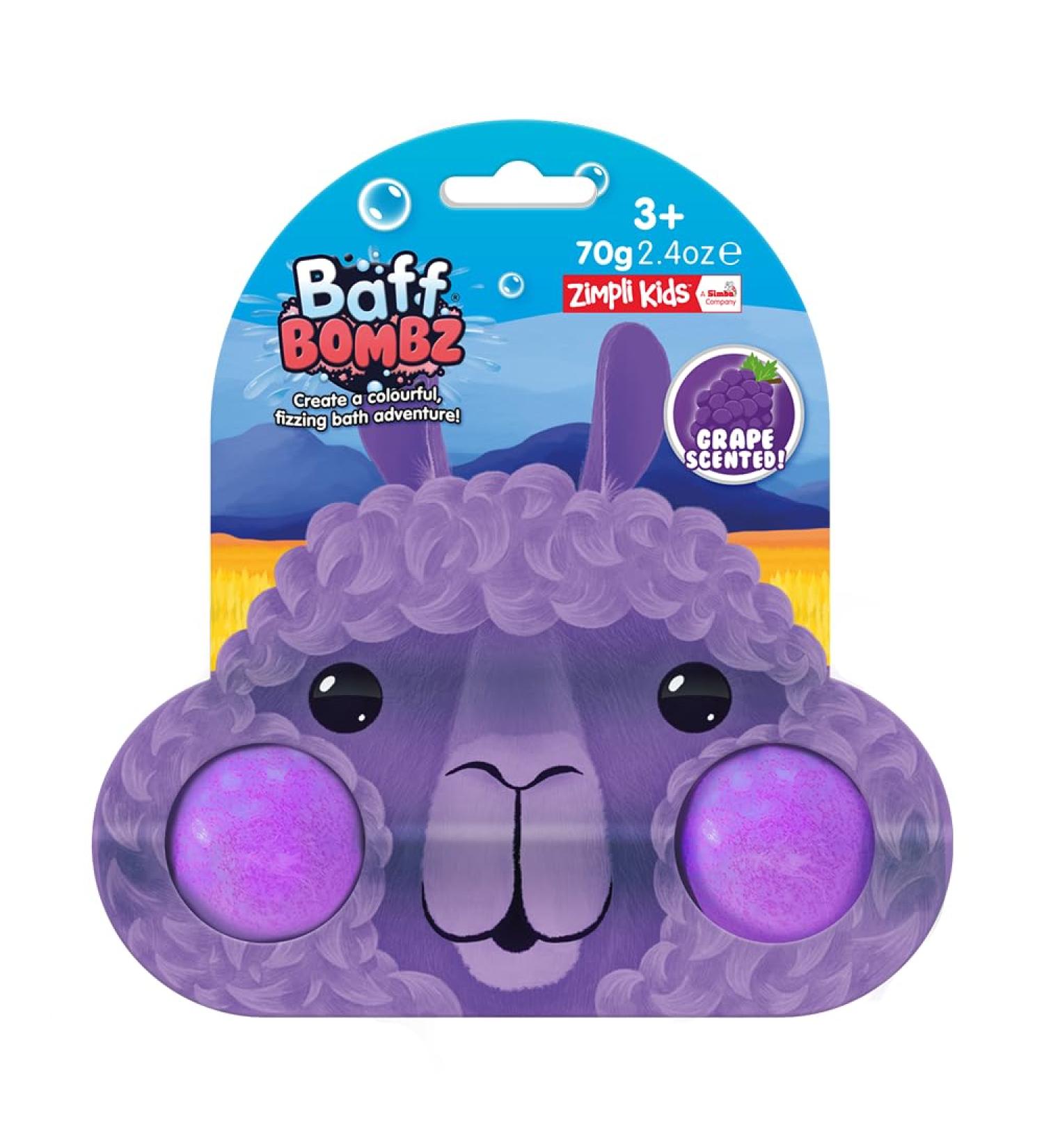 Zimpli Kids 2 x Cute Llama Bath Bombs on Gift Card Grape Scented Bath Fizzers for Children Ideal Pocket Money Gift Birthday Party Bag Fillers Favours Moisturising for Dry Skin Bath Toys