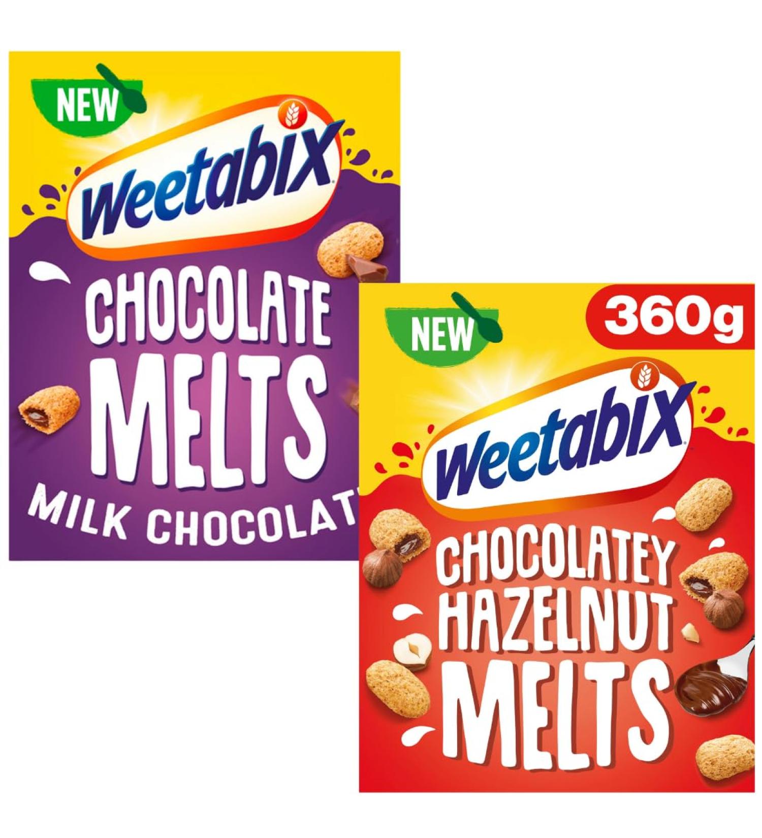 Breakfast Cereal Bundle With Weetabix Chocolate Melts Milk Chocolate 360g and Chocolatey Hazelnut Melts 360g (2 Pack) - Buy Online on GoSupps.com