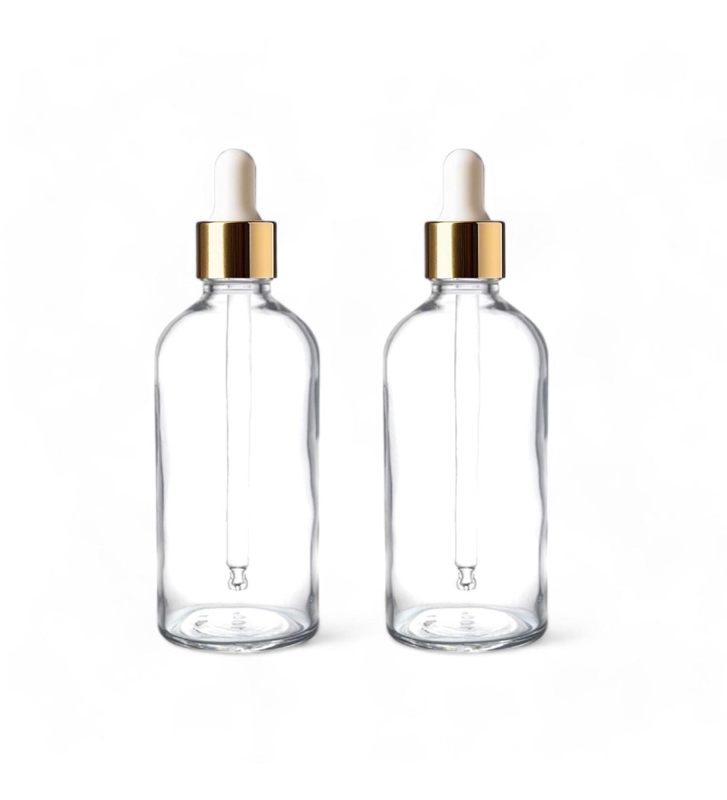 Clear Glass 100ml Dropper Bottle - Aromatherapy DIY Beauty Arts Crafts - Create Personalized Spa Products - Versatile Craft and Skincare Solution for DIY Enthusiasts (Gold/White Pipette - 2)