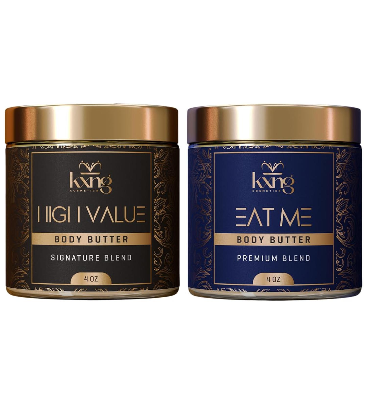 KXNG Cosmetics Shea Body Butter Duo 2 4oz (Eat Me 2 & High Value) | Organic Body Butter with Raw Shea Cocoa Mango & Coconut Oil | Deep Moisturizing Cream for Men & Women | Hands Feet & All Skin - Buy Online on GoSupps.com