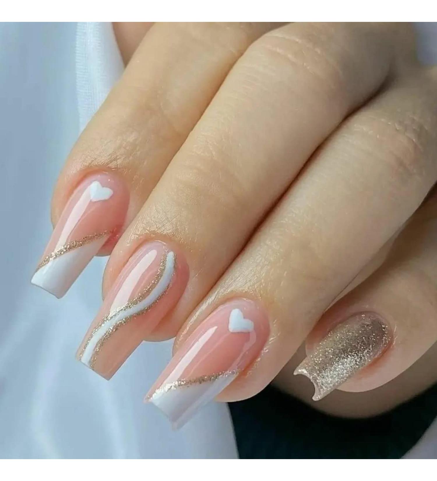 Justotry 24 Pieces Coffin Glitter Nails - Medium Length French & Nude Ballerina Press-On Fake Nails for Women - Buy Online on GoSupps.com