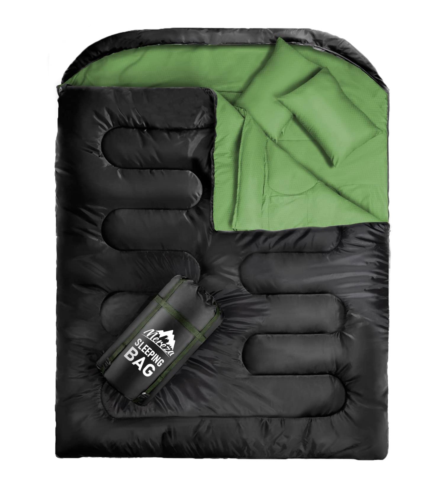 MEREZA Double Sleeping Bag for Camping, Queen Size 2 Person Cold Weather Sleeping Bag with Pillow - Green - Buy Online on GoSupps.com