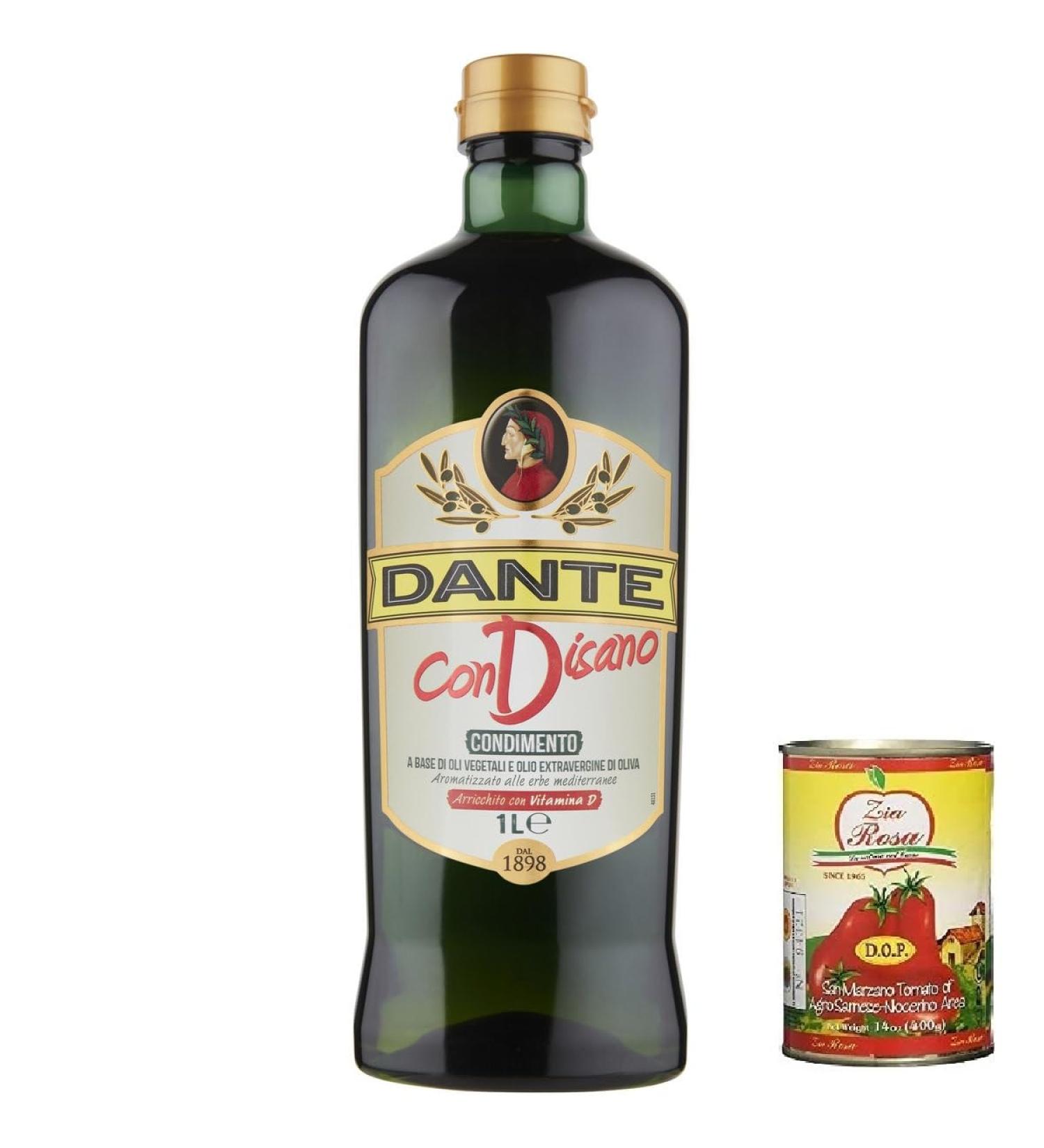 Zia Rosa Dante Condisano a blend of vegetable oils and extra virgin olive oil enriched with vitamin D. 1000 ml + 400 g tin of Zia Rosa DOP San Marzano Pomodoro