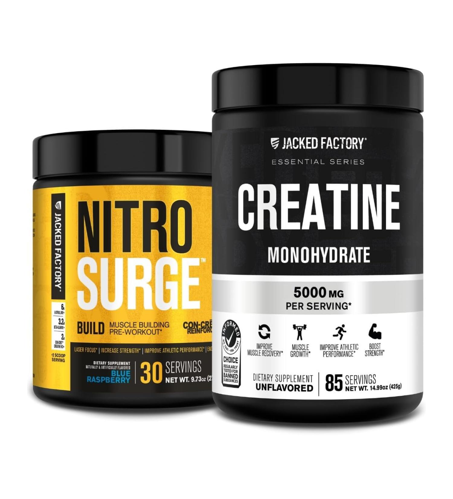 Jacked Factory Nitrosurge Build Pre Workout with Creatine for Muscle Building (30 Servings Blue Raspberry) & Creatine Monohydrate Powder for Muscle Growth,Increased Strength (85 Servings Unflavored) - Buy Online on GoSupps.com