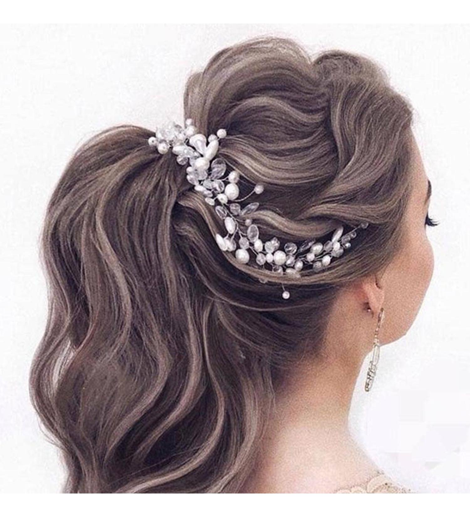 Handcess Pearl & Crystal Head Bars | Elegant Wedding Headdress for Brides & Bridesmaids | Rhinestone Hair Accessories in Silver - Buy Online on GoSupps.com