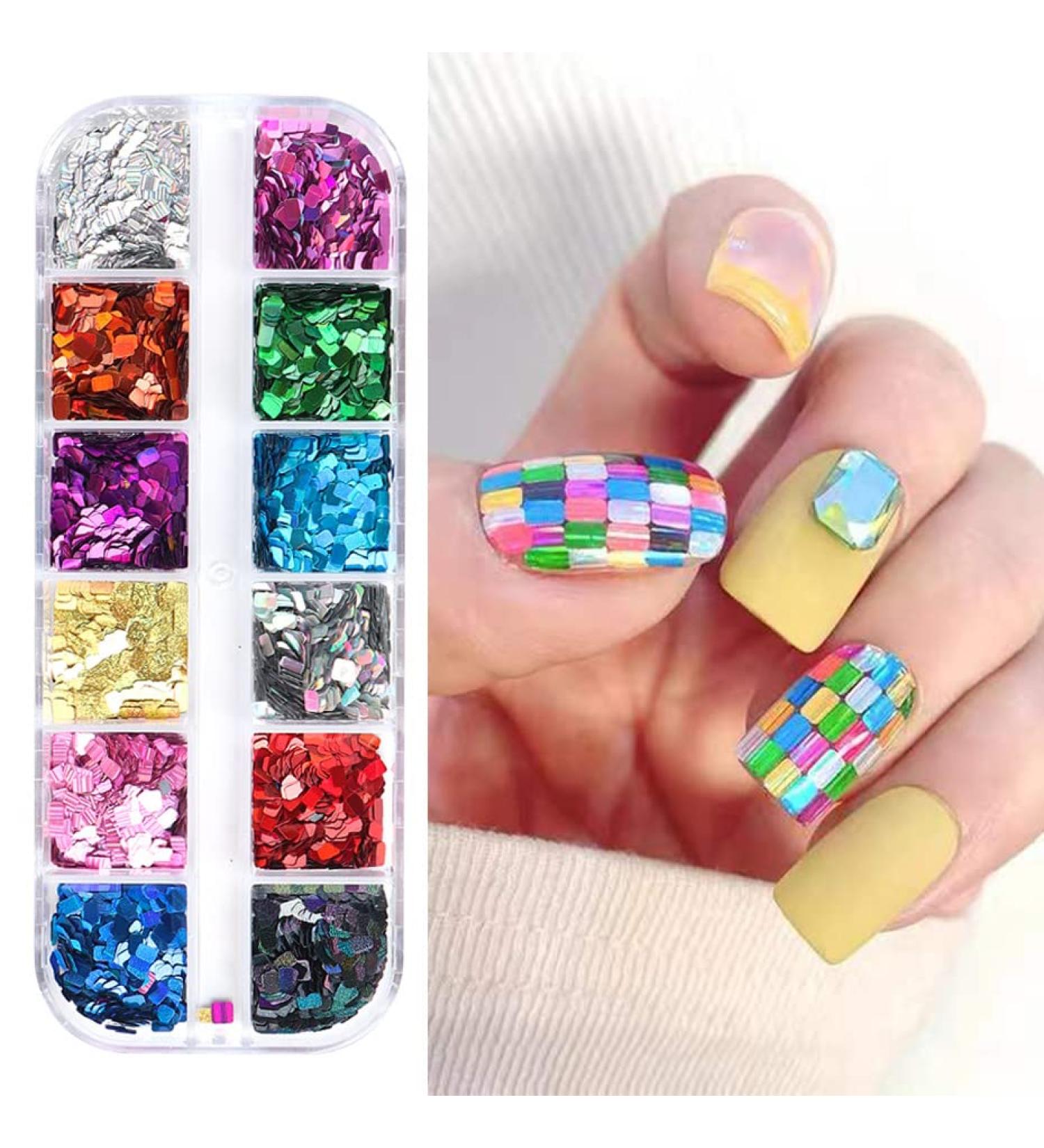 Jmeowio 12 Colors Square Nail Glitter Sequins - 3D Holographic French Tip Nail Art Charms for Women & Girls - Buy Online on GoSupps.com