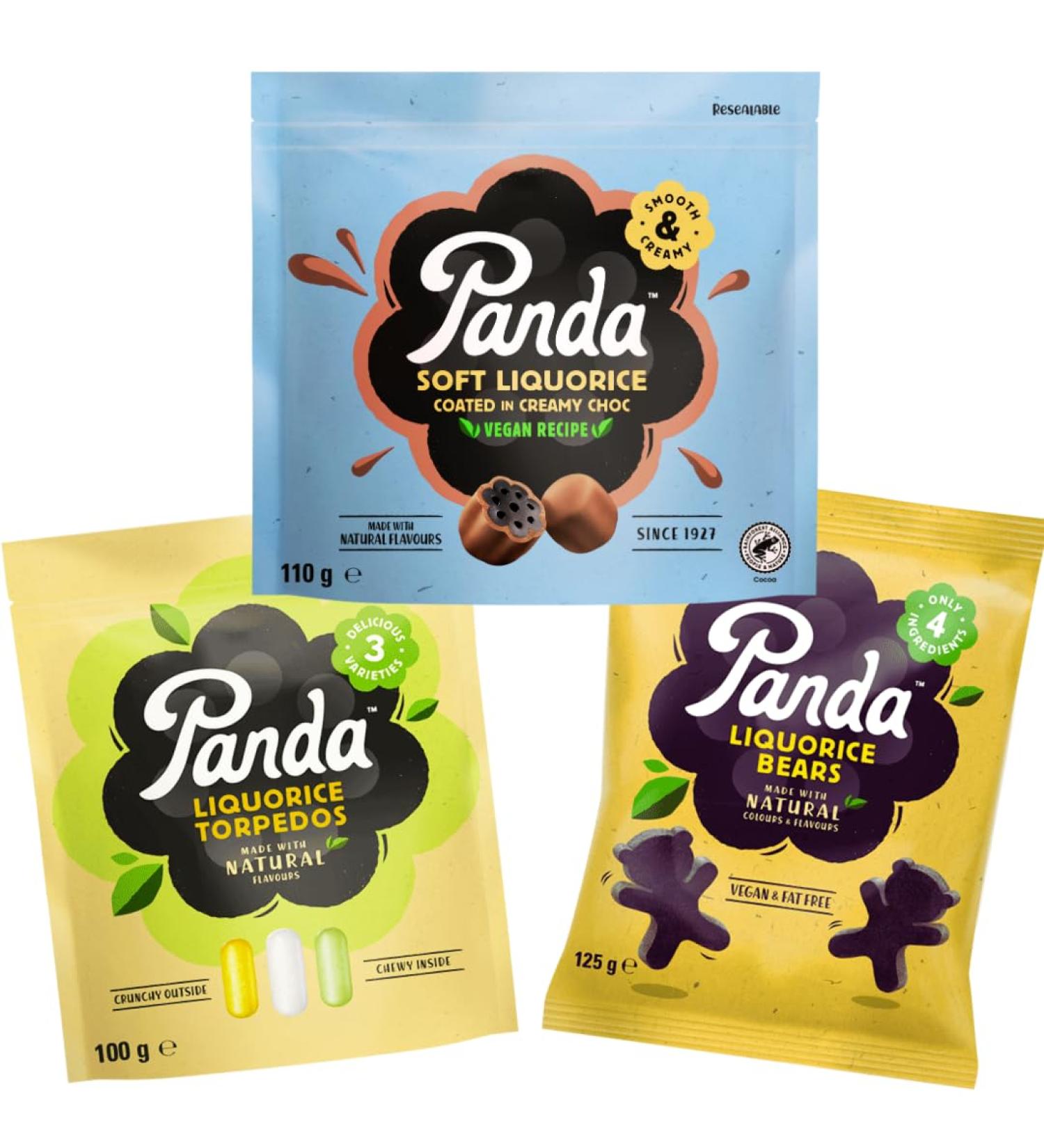 Panda Liquorice Triple Treat! Special Selection of Licorice Coated in creamy chocolate Liquorice Torpedos and Black Liquorice Bears - Fat free Vegan Licorice made with Natural Colours & Flavours - Buy Online on GoSupps.com