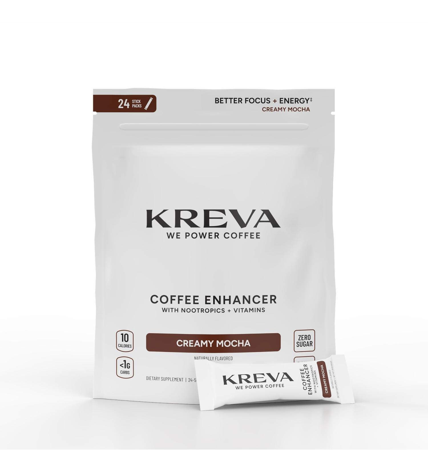KREVA Smart Coffee Enhancer | Nootropics + B Vitamins | Better Focus & Energy | 24 Stick Packs | Zero Sugar (24 Pack Mocha) Mocha 4.32 Ounce (Pack of 1)