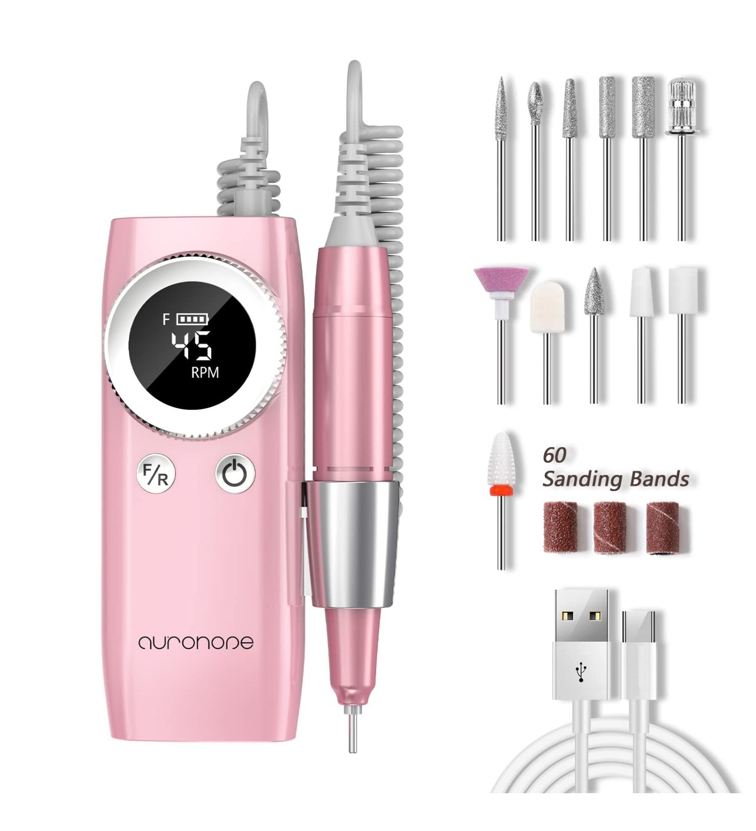 Portable Electric Nail Drill Machine 45000 RPM Rechargeable Manicure Pedicure Set with 12 Bits - AUROHOPE Lovely Pink - Buy Online on GoSupps.com