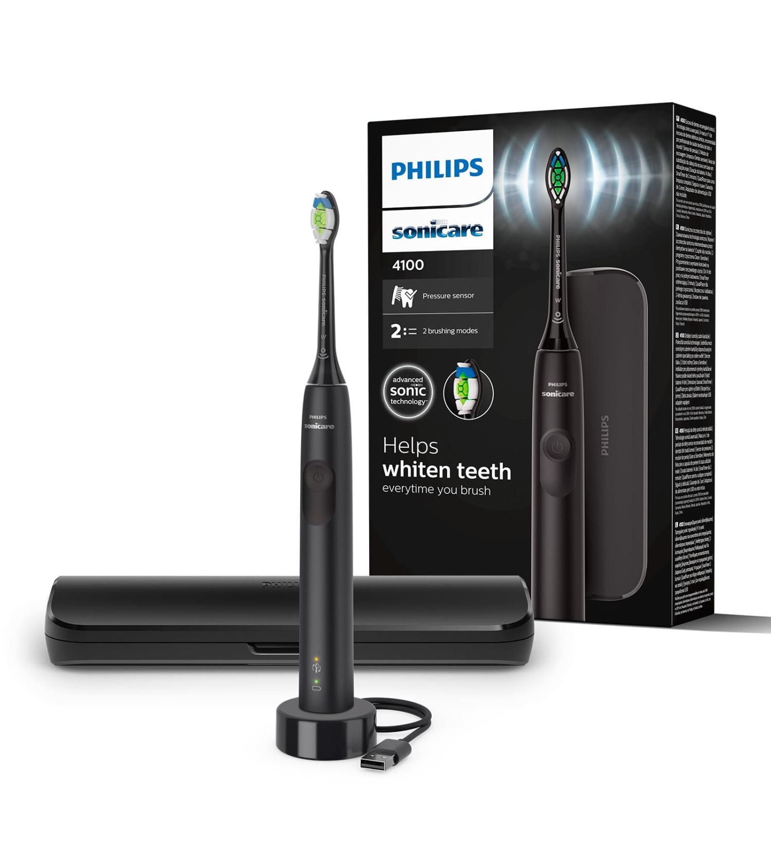 Philips Sonicare 4100 - Philips Sonicare Electric Toothbrush for Adults with 1 x Philips W2 Optimal White Sonic Brush Head in Black Slim Travel Case and USB Charger (Model HX3683/54) - Buy Online on GoSupps.com