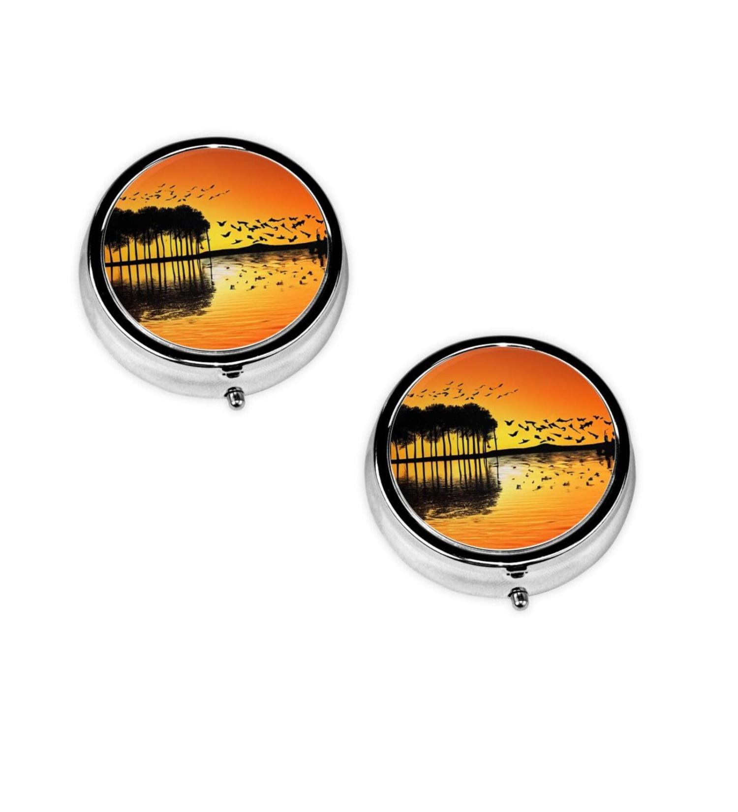 Lake Guitar Reflection Round Pill Box | 3 Compartment Mini Travel Organizer | Portable Decorative Pill Case for Vitamins & Medicine - Buy Online on GoSupps.com