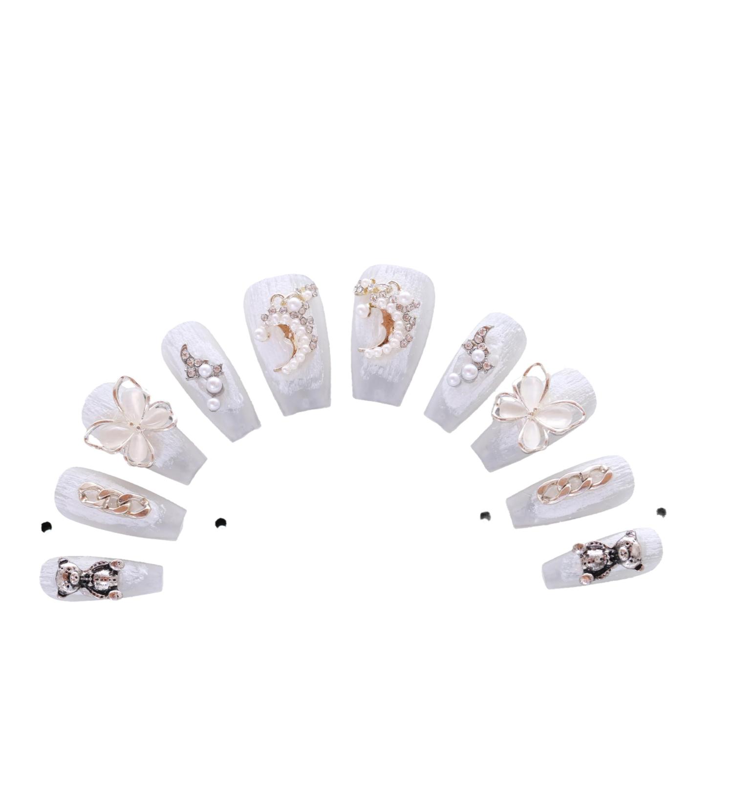 PN-009 Press-On Nails Lacquered 10 Pieces Reusable False Nails Glamour Rhinestones Wedding Pearls Butterfly Moon White - Buy Online on GoSupps.com