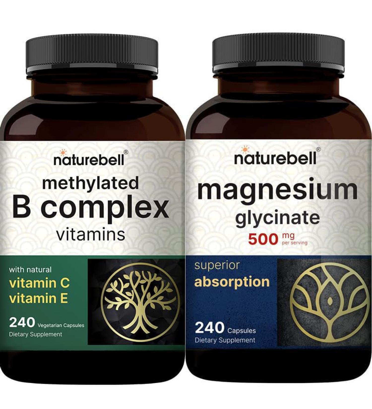NatureBell Magnesium Glycinate Capsules 500mg & Vitamin B Complex for Women 240 Veggie Capsules Bundle Pack | Chelated & Purified Mineral | Immune Energy & Prenatal Support - Buy Online on GoSupps.com