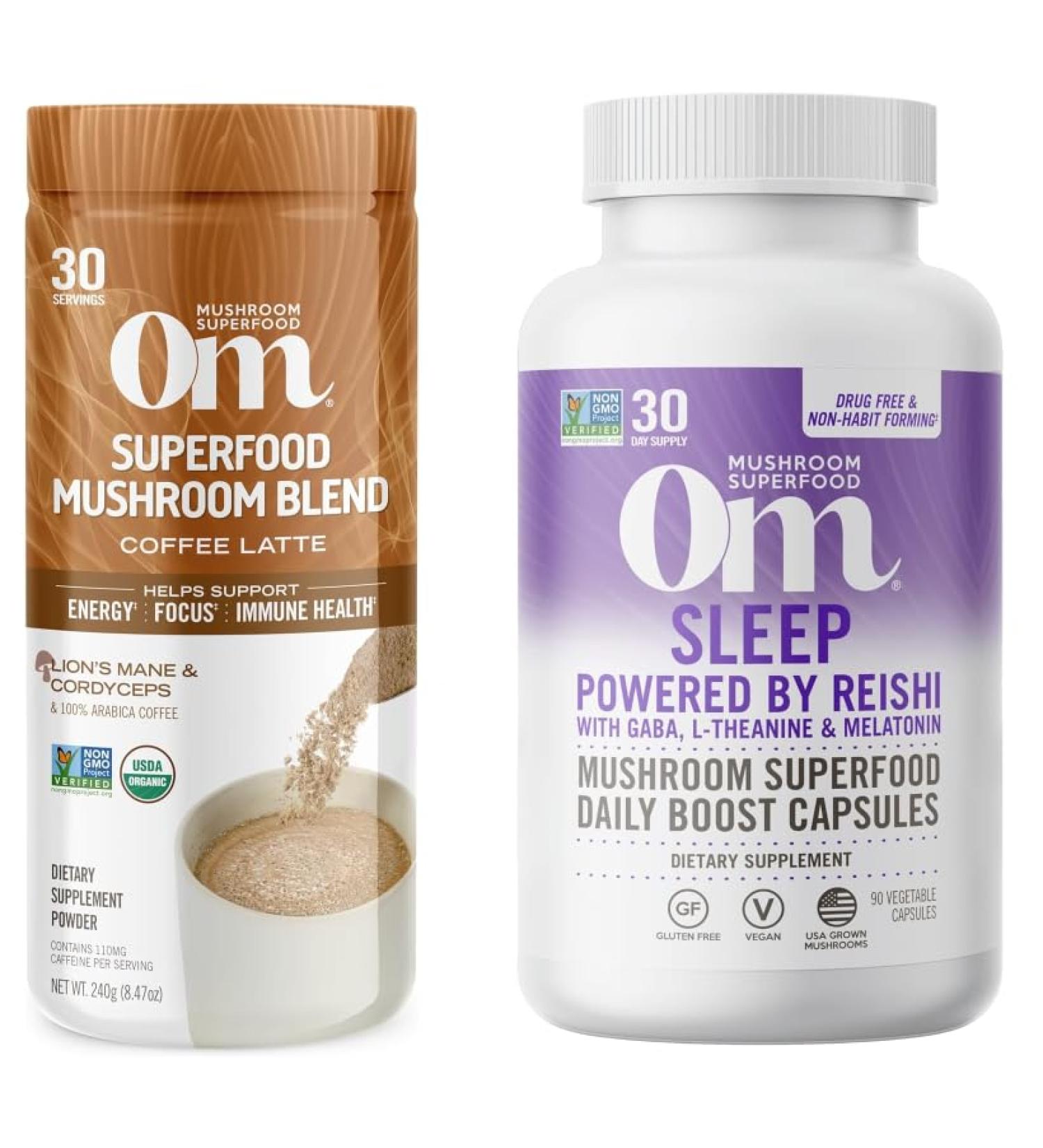 OM MUSHROOM SUPERFOOD Coffee Latte Blend Mushroom Powder 8.47 Ounce and Sleep Mushroom Capsules Superfood Supplement 90 Count Bundle - Buy Online on GoSupps.com