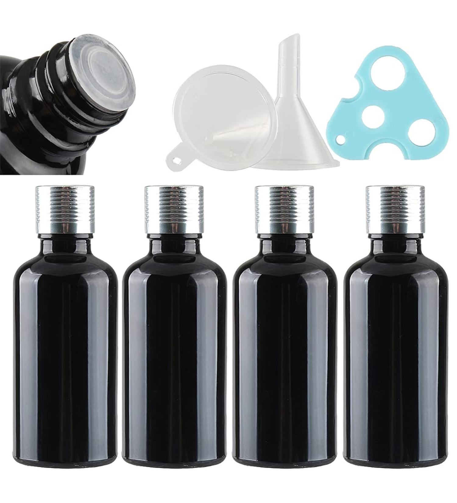 Tianzd 4-Piece 50ml Black Glass Bottles - Empty Glossy with Silver Screw Cap for Perfume Oil Aromatherapy & Massage - Premium Sealed Stoppers - Buy Online on GoSupps.com