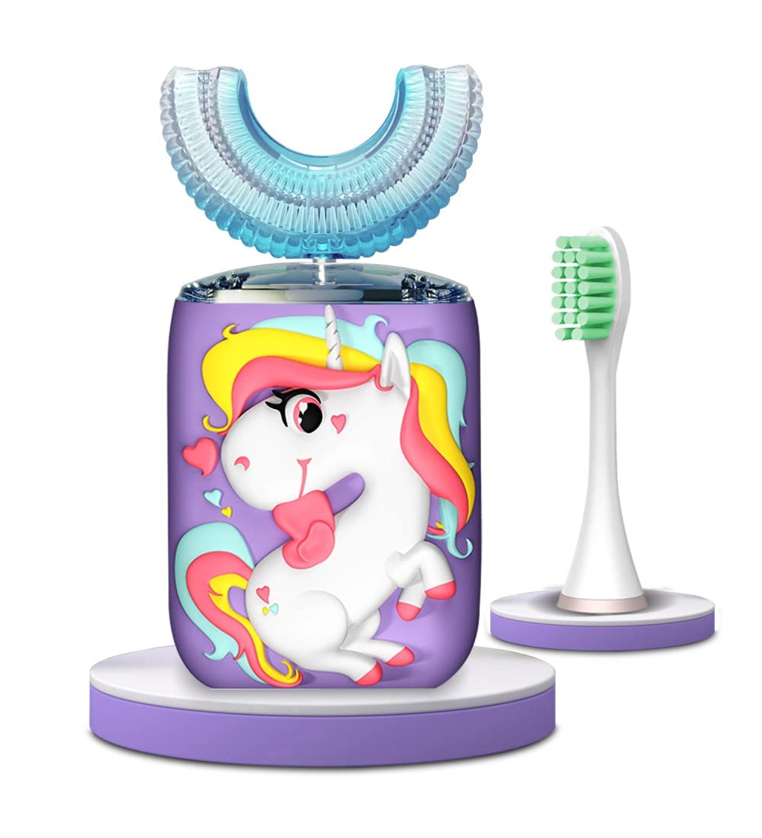 Kids Electric Toothbrush U Shaped Ultrasonic | 6 Sonic Clean Modes | IPX7 Waterproof | Rechargeable Smart Timer | Unicorn Design | for Children 2-6 | Purple - Buy Online on GoSupps.com