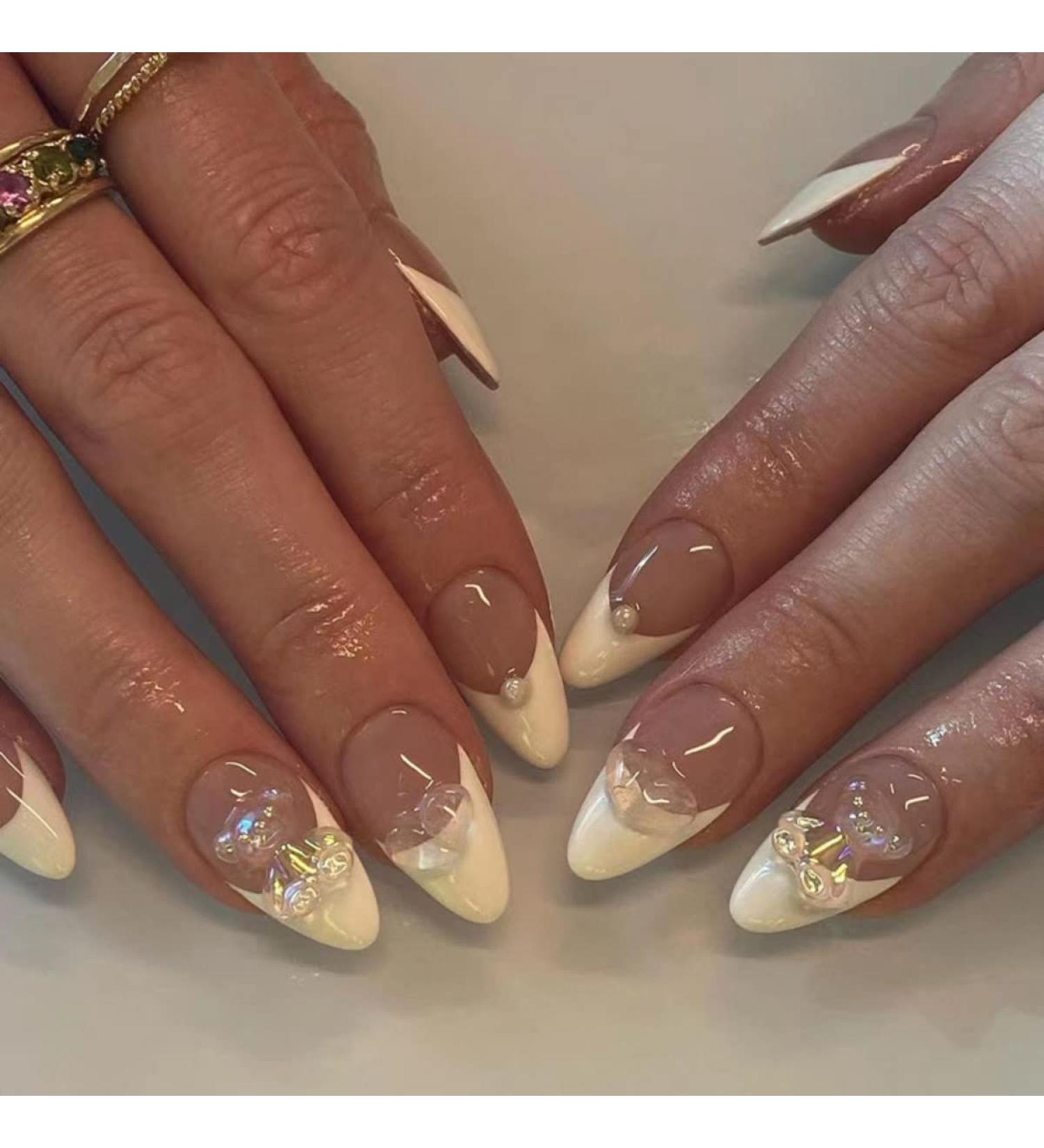Justotry 24-Piece Oval Pearls & Milky French Press On Nails - Beautiful Almond Art Fake Nails for Women - Buy Online on GoSupps.com