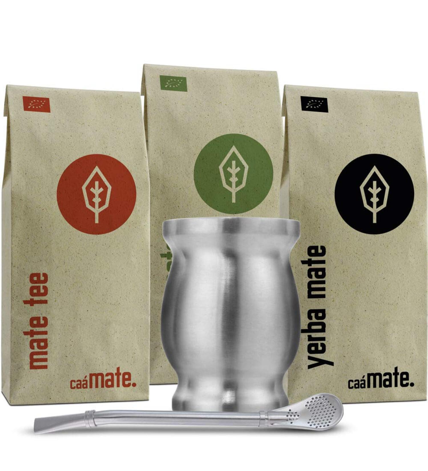 Organic Mate Tea Set | 3 Types of Mate Stainless Steel Cup & Bombilla | International Shipping - Buy Online on GoSupps.com