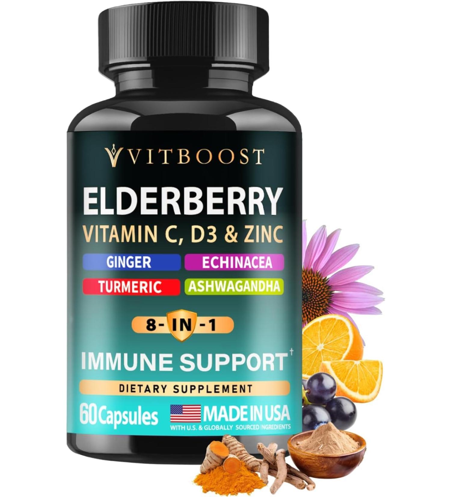 Elderberry Immune Support Supplement 8-in-1 Formula with Echinacea Vitamin C & Zinc Vitamin D 5000 IU Turmeric Ginger Ashwagandha 60 Capsules 60 Capsules (Pack of 1) - Buy Online on GoSupps.com