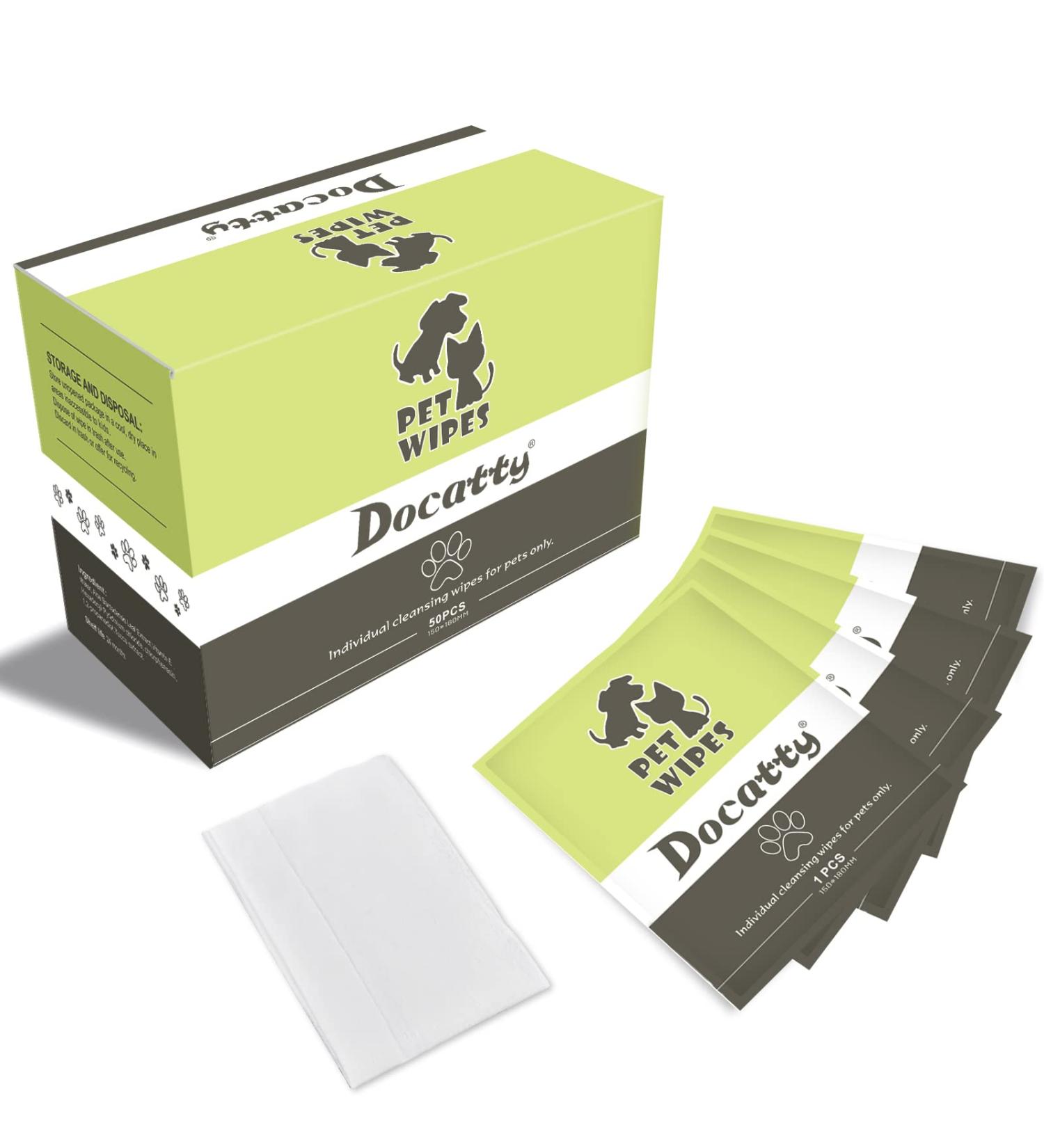 Docatty Pet Wipes - 50 Plant-Based Compostable Wipes for Dogs & Cats | Hypoallergenic & Deodorizing Grooming Wipes for Paws, Body & Butt - Buy Online on GoSupps.com