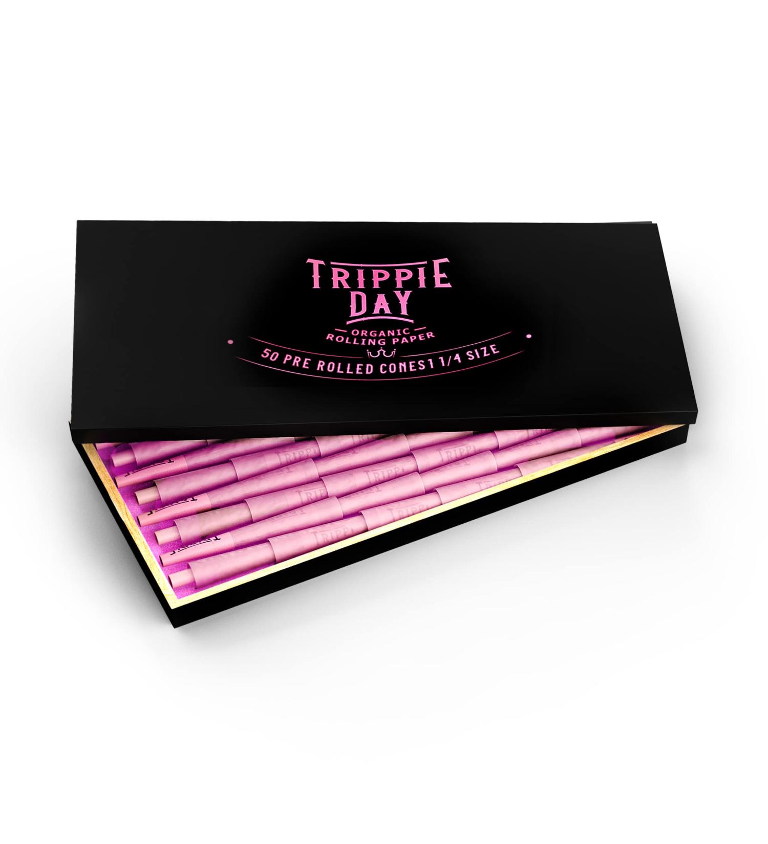 Trippie Day Pink 1 1/4 Size Pre Rolled Cones in a Wooden Box | 50 Pack | Vegan & Non GMO | Includes 10 Packing Sticks | (84 mm/3.3 inches) - Buy Online on GoSupps.com