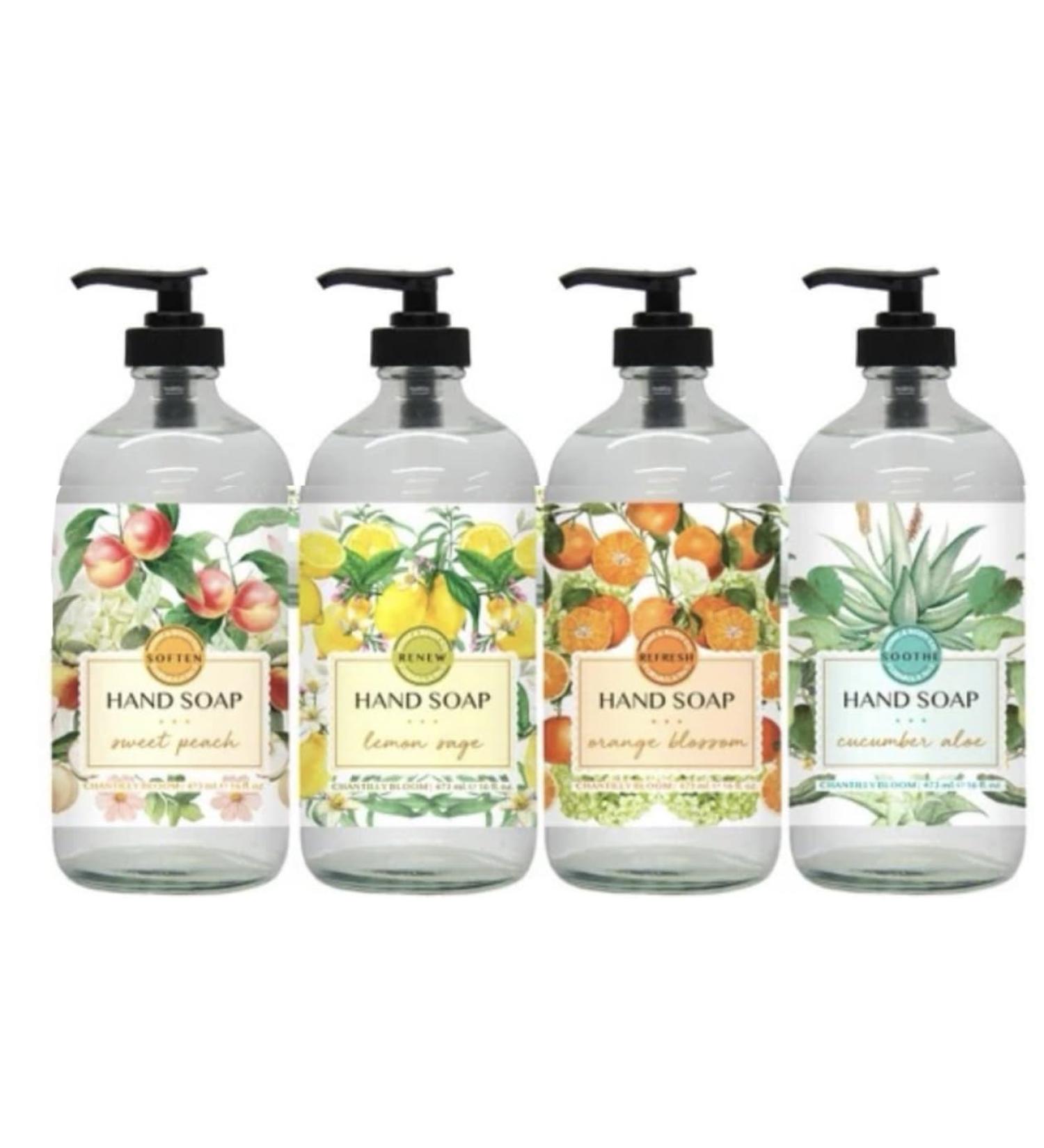 Home and Body Company | Chantilly Bloom | 4 x16 fl oz | Hand Soap Set | Fragrances: Sweet Peach Lemon Sage Orange Blossom Cucumber Aloe | Hand Wash Ultra Moisturizing Formula in Glass Bottles |